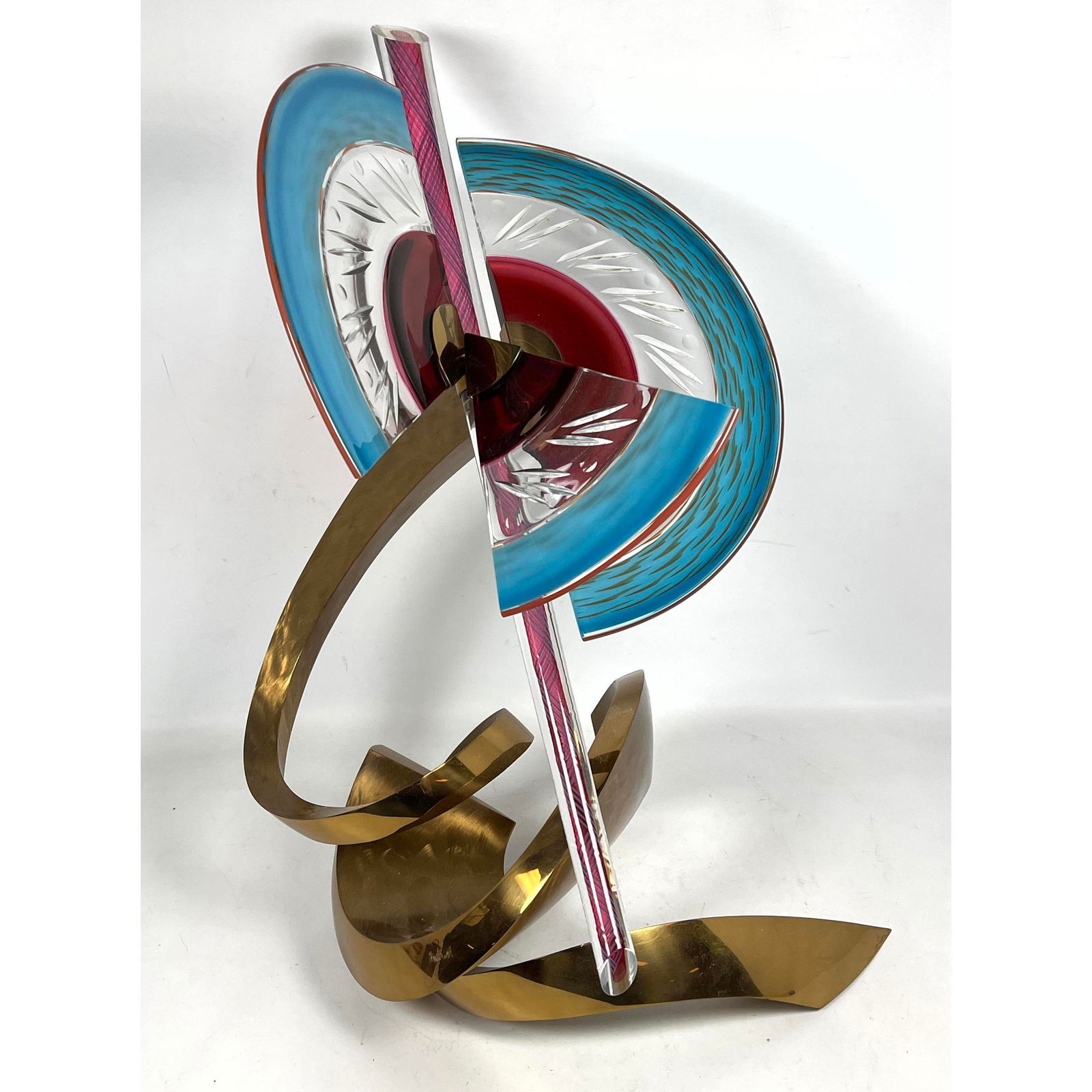 1993 DAVID JAWORSKI 5/10 ART GLASS and brass postmodern sculpture signed. Circular glass parts movab (1 of 13)