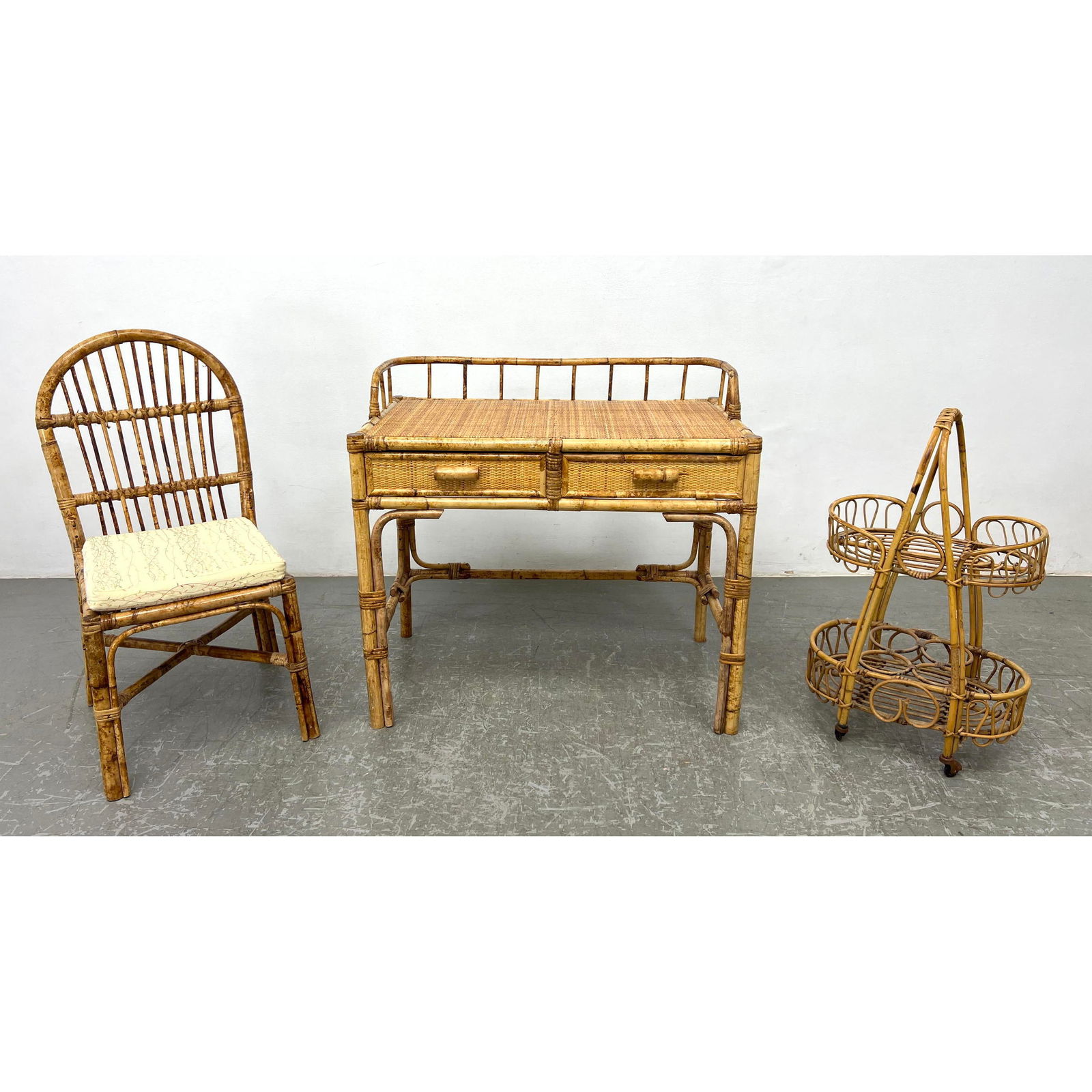 3pc Bamboo Furniture. Desk with two drawers. Chair. Two Tier Plant Stand. (1 of 20)