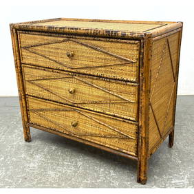 Bamboo, Woven Rattan Cabinet Bachelor's Chest. Three Drawer Dresser. Decorative trim and accent deta (1 of 11)