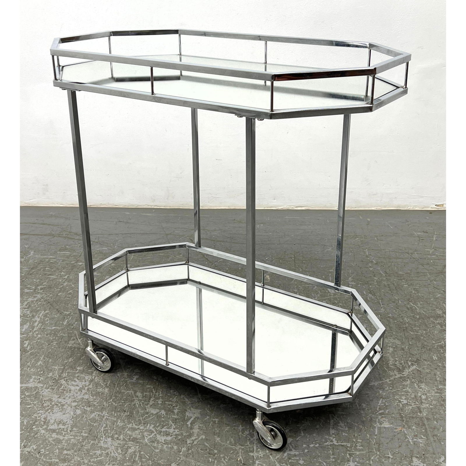 Hollywood Style Chrome Square Tube Bar Cart Server. Mirror shelves. Art Deco Style. (1 of 8)