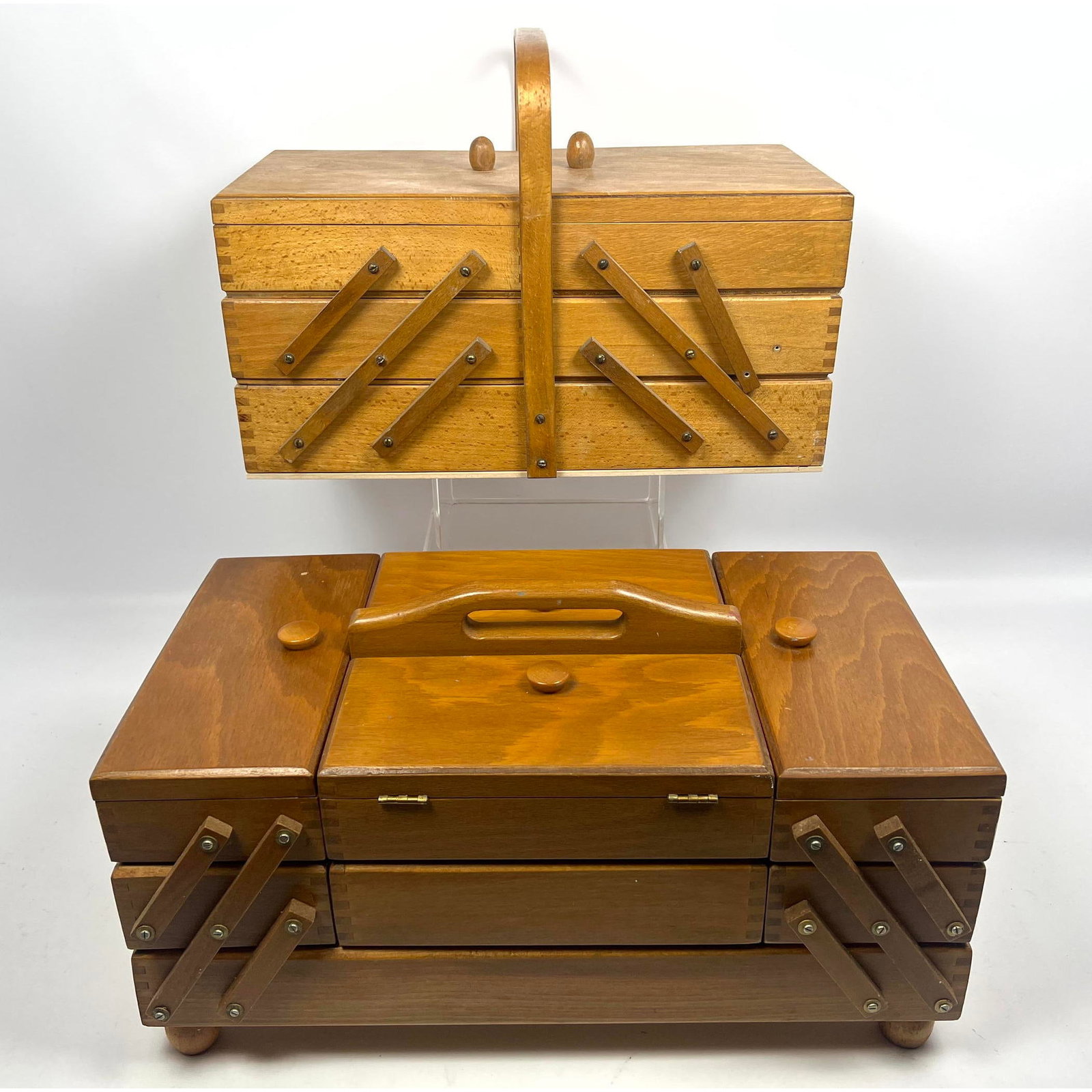 2pc Mid Century Modern Telescoping Fold Out Wood Sewing Boxes Kits (1 of 16)
