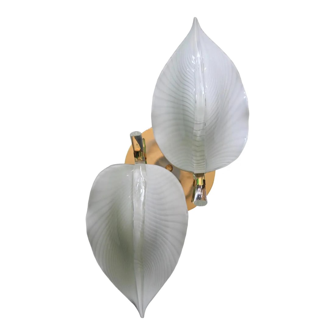 Franco Luce Murano Glass Two-Leaf Flush Mount Sconce or ceiling light fixture. A vintage 1970s Flush: Franco Luce Murano Glass Two-Leaf Flush Mount Sconce or ceiling light fixture. A vintage 1970s Flush Mount, with two leaf form shades in white striped Murano glass, supported by a round back plate in
