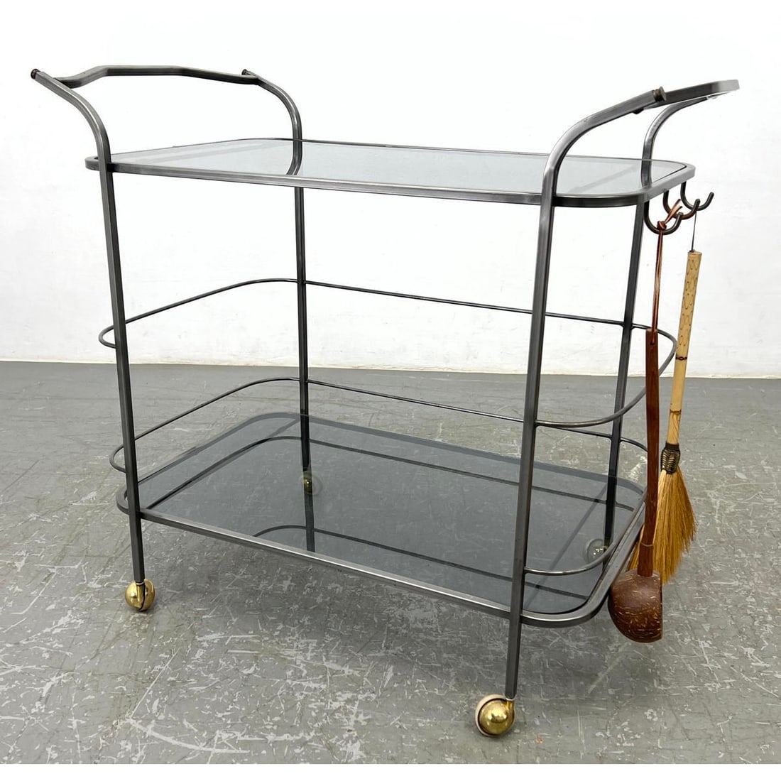 Rolling Metal Serving Tea Cart. Two smoked glass tiers. Lot includes handmade broom and long handled (1 of 9)