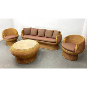 4pc Eero Aarnio style Wicker Living Room Set. Mid century modern mushroom shaped wicker sofa set, so (1 of 20)