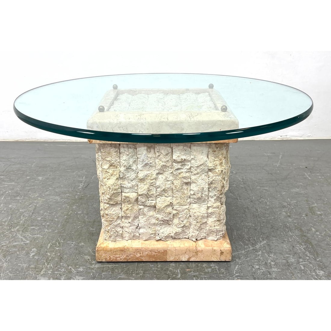 Maitland Smith Tessellated Marble Glass Top Table Tagged Underside (1 of 9)