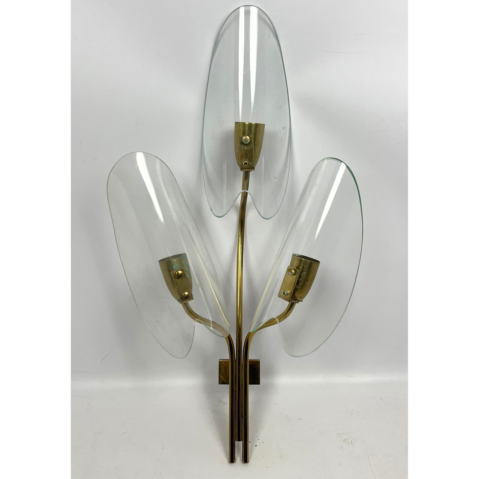 Italian 3 leaf petal wall sconce. Clear glass and metal. Fontana Arte Style. (1 of 9)