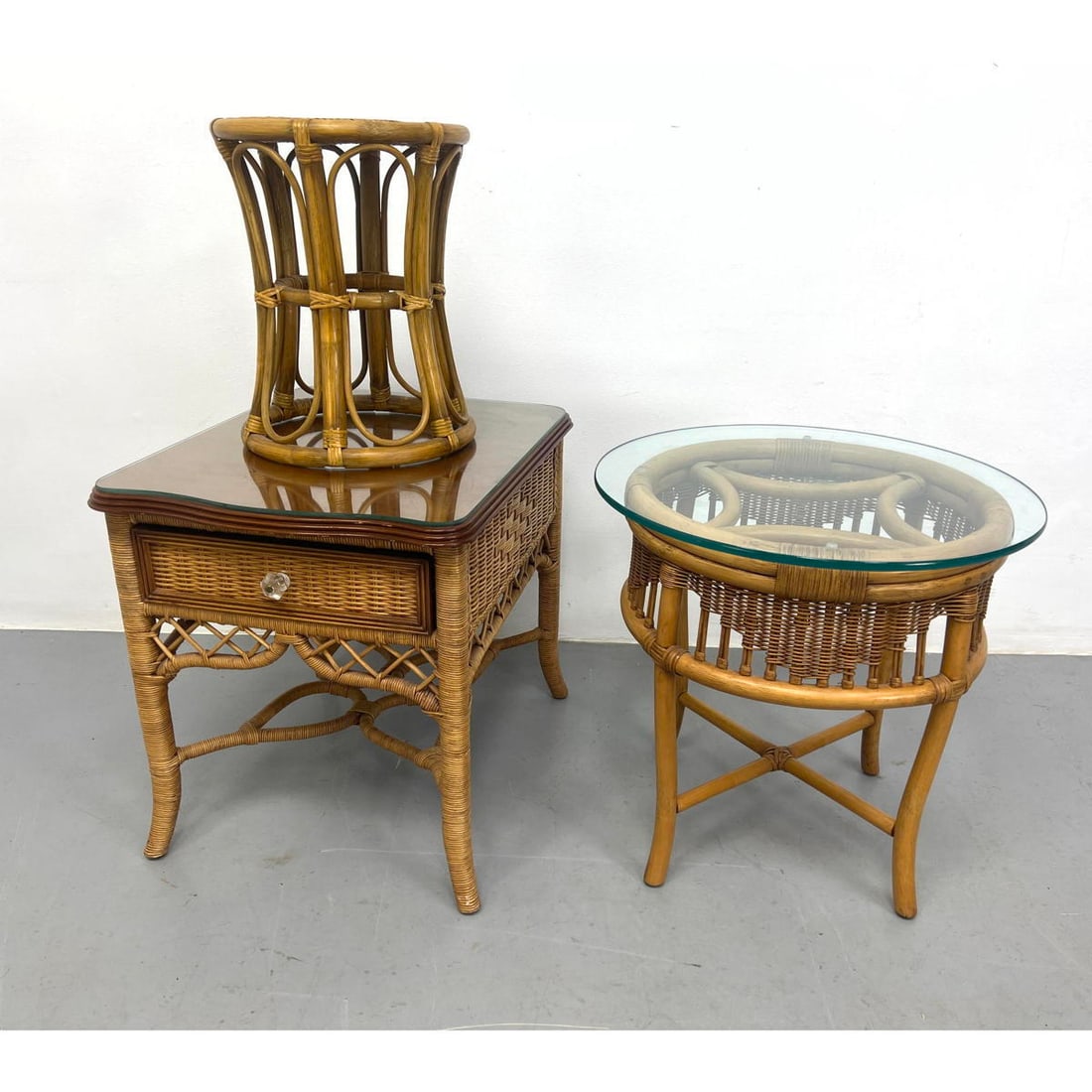 3pc Woven Rattan and Wicker Furniture. LEXINGTON Single Drawer Night stand / Table. Woven Top Stool. (1 of 9)