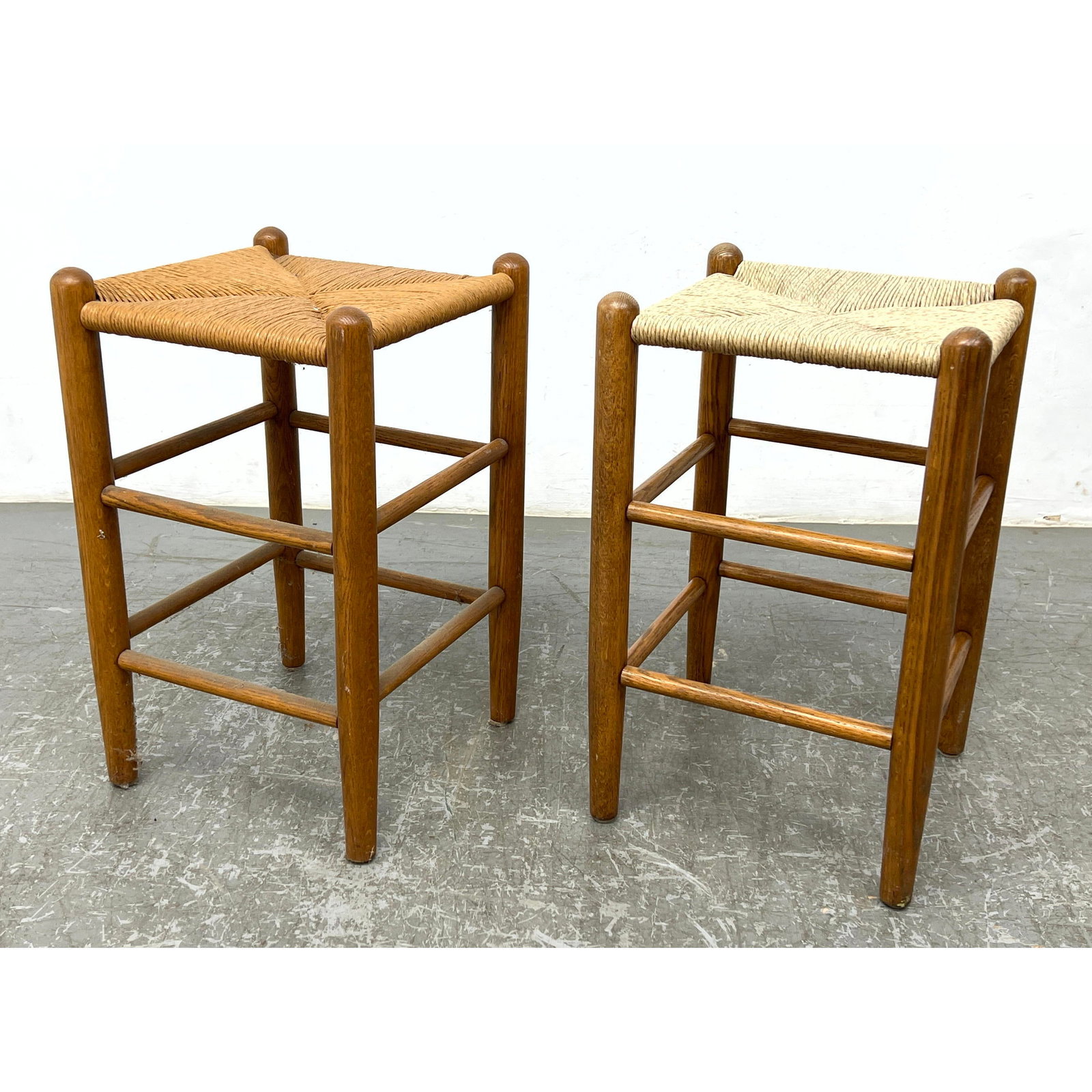 2pc Woven Rush Seat Wood Frame Stools. Different color rush.: 2pc Woven Rush Seat Wood Frame Stools. Different color rush. Dimensions: Height: 25 inches, Width: 15 inches, Depth: 15 inches. --- - - We offer curbside delivery to NYC, Manhattan, Close Brooklyn, Ho