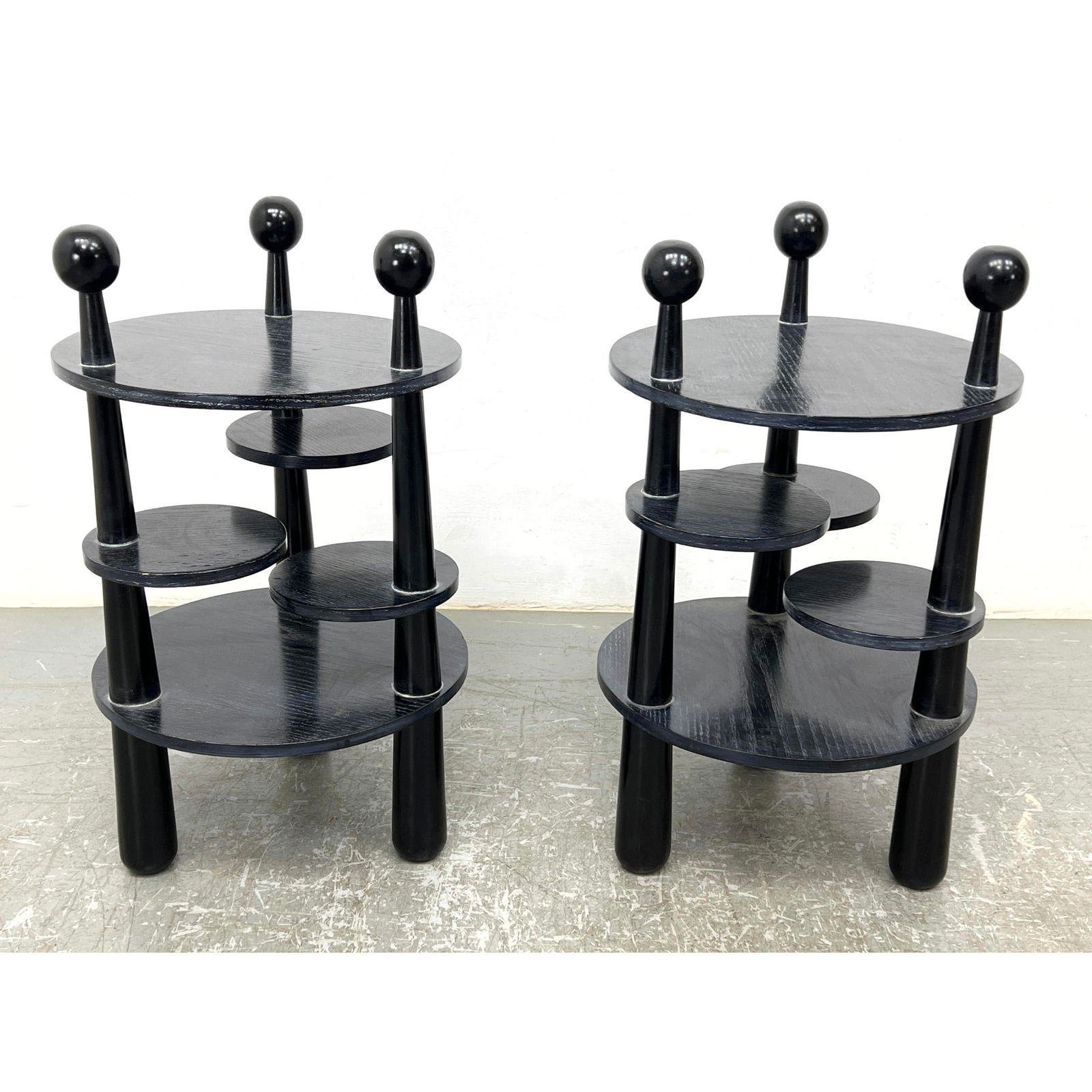Pr Modern Jean Royere Style Side Tables. 2 circular walnut levels with 3 smaller swing out discs. 3 (1 of 9)