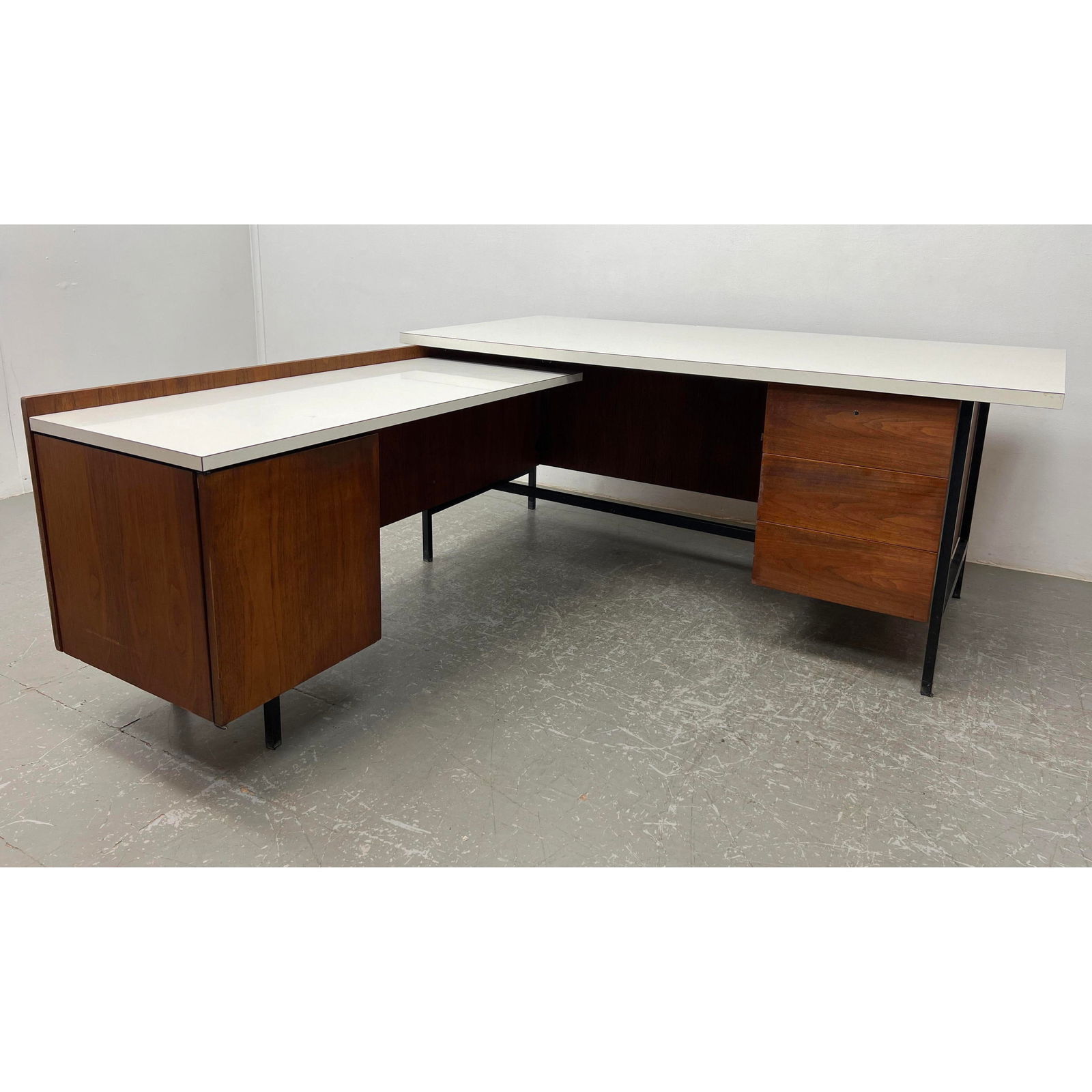 2 Part KNOLL ASSOC Desk. Corner Two Section Desk with White Laminate Tops. Florence Knoll. Walnut Ca (1 of 13)