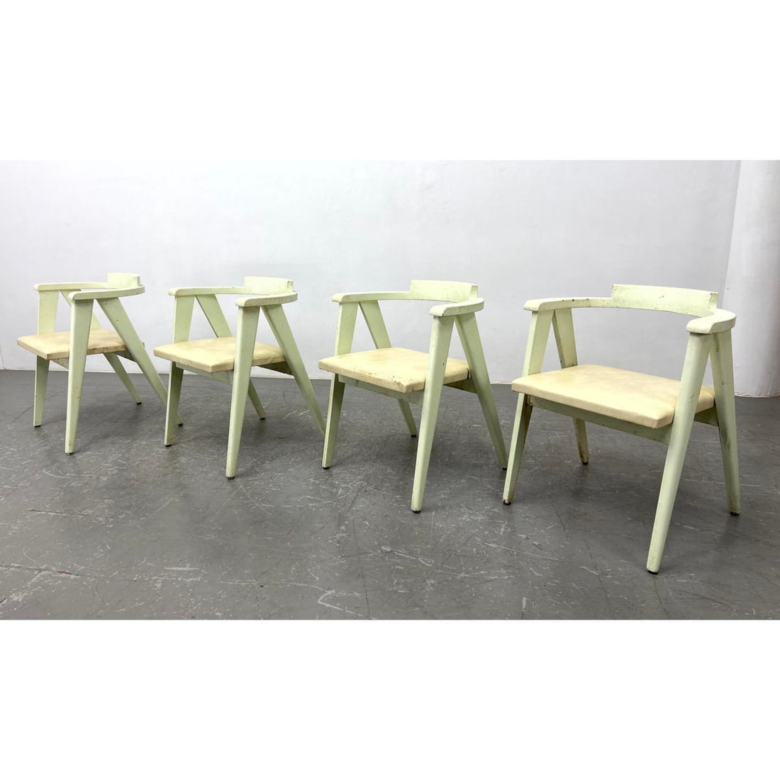 Set 4 ALAN GOULD style Scissor Leg Dining Chairs. Modernist Arm Chair form in pale minty green finis (1 of 13)