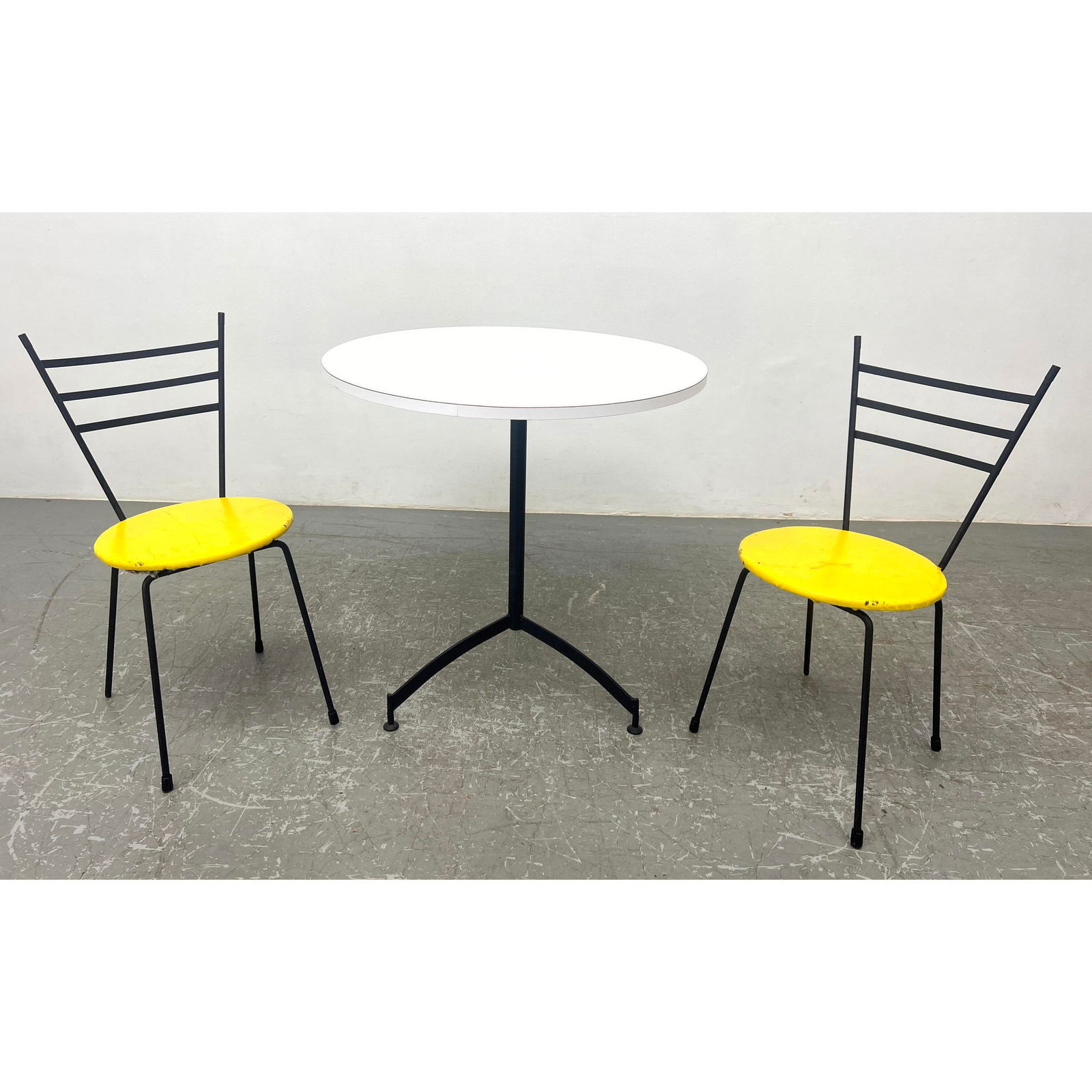 Paul McCobb Style Iron Chairs with Cafe Table. Screws to table taped on table base vinyl seats (1 of 13)