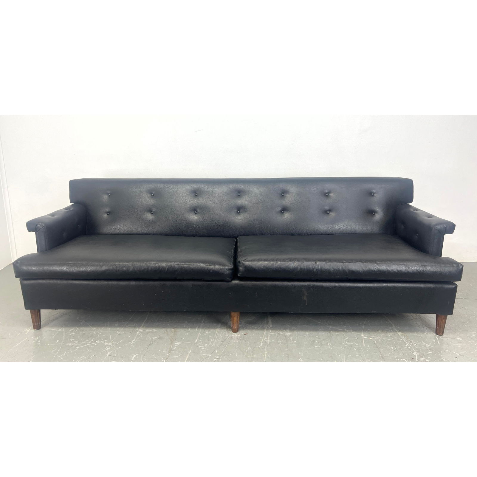 Mid Century Modern Black Vinyl Sofa Couch.  Wood Legs. (1 of 10)