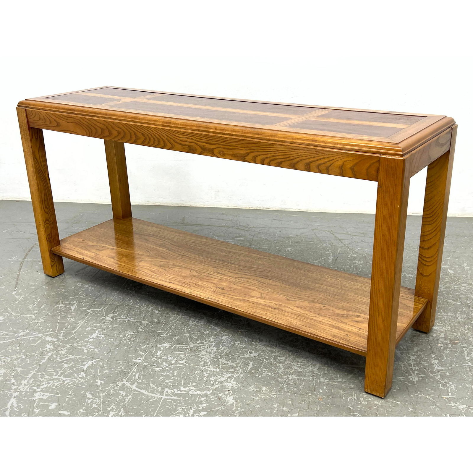 Contrasting Wood Parquet Top Modernist Hall Table. American Modern Oak with lower shelf. Console tab (1 of 11)