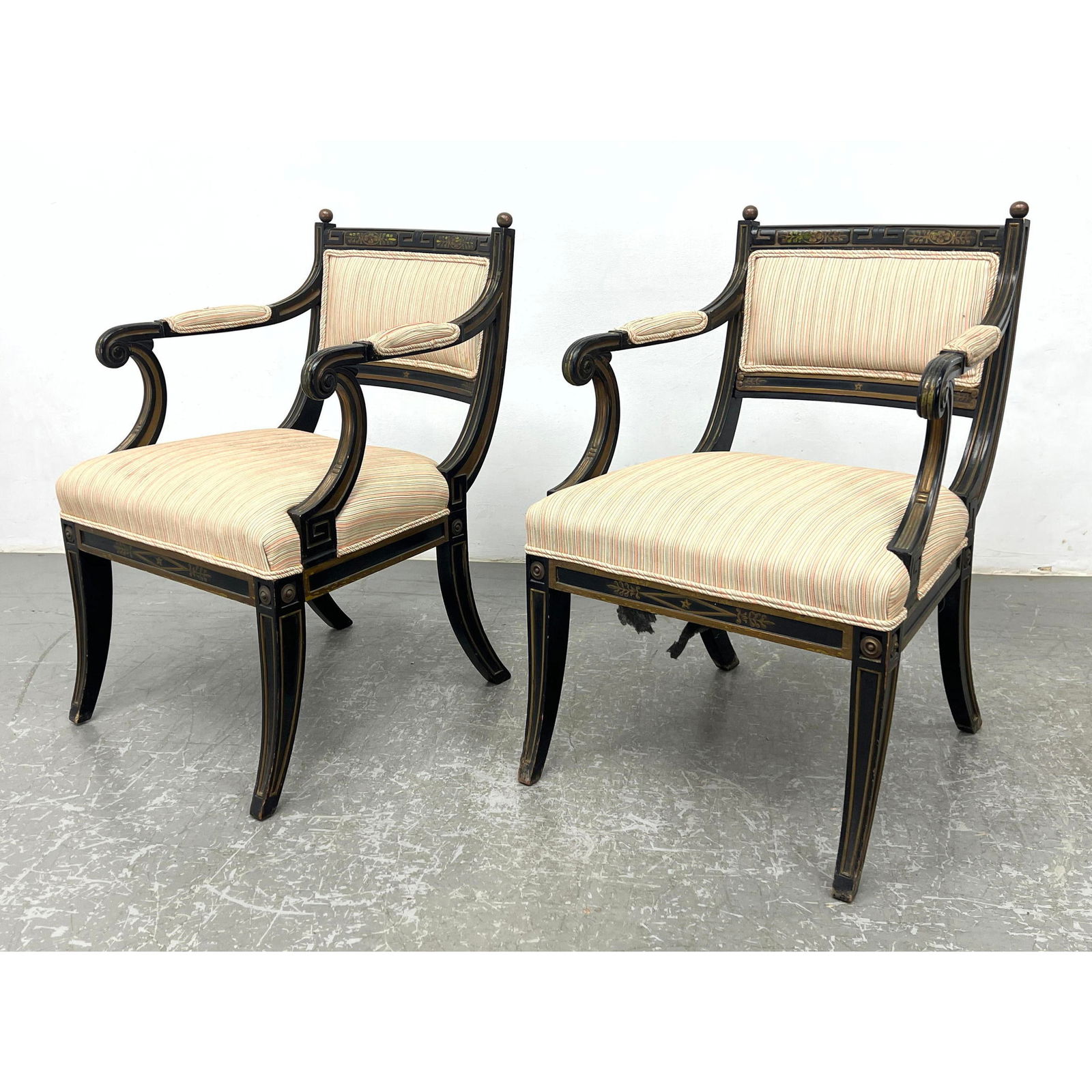 Pr Ebonized Carved Frame Arm Chairs. Fancy Carved Frame. (1 of 16)