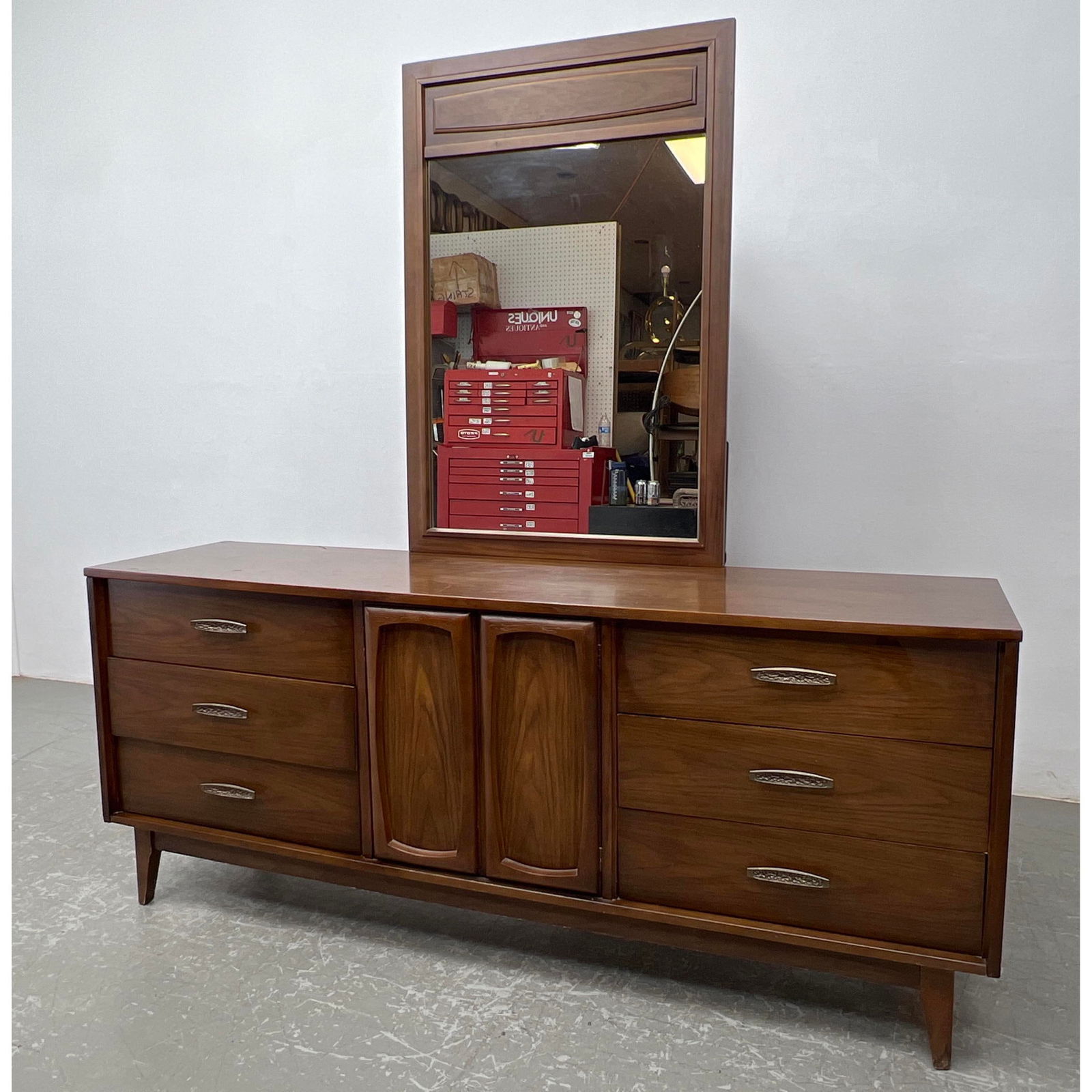2pc American Modern Walnut Dresser and Mirror. (1 of 13)