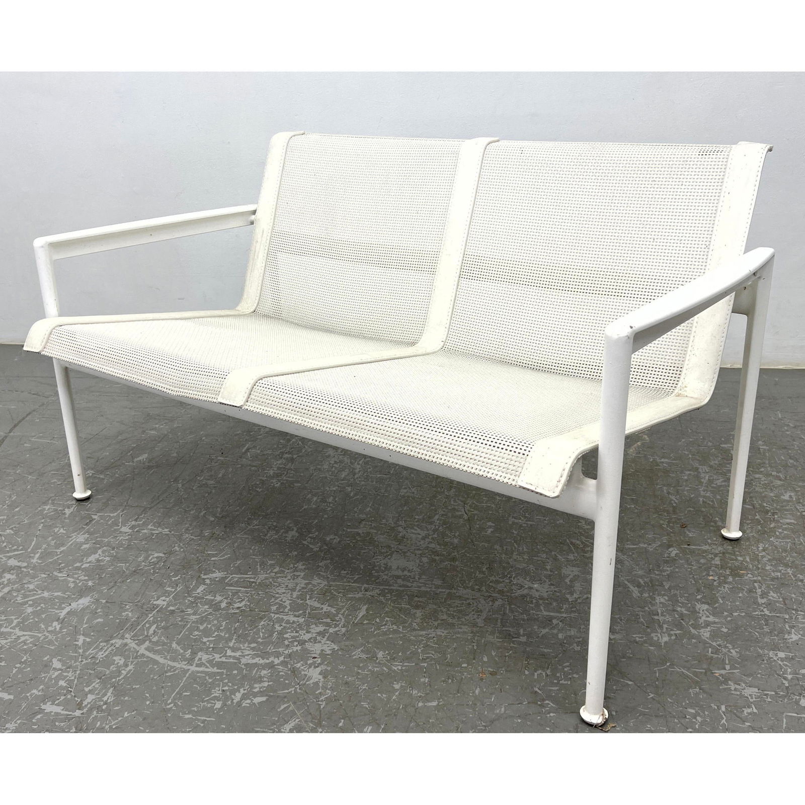 RICHARD SCHULTZ Outdoor Love Seat. White metal frame with white mesh sling seats. Garden. Patio. Fab: RICHARD SCHULTZ Outdoor Love Seat. White metal frame with white mesh sling seats. Garden. Patio. Fabric Label. Dimensions: Height: 26 inches, Width: 46 inches, Depth: 25.5 inches. - Seat Height: 16 in