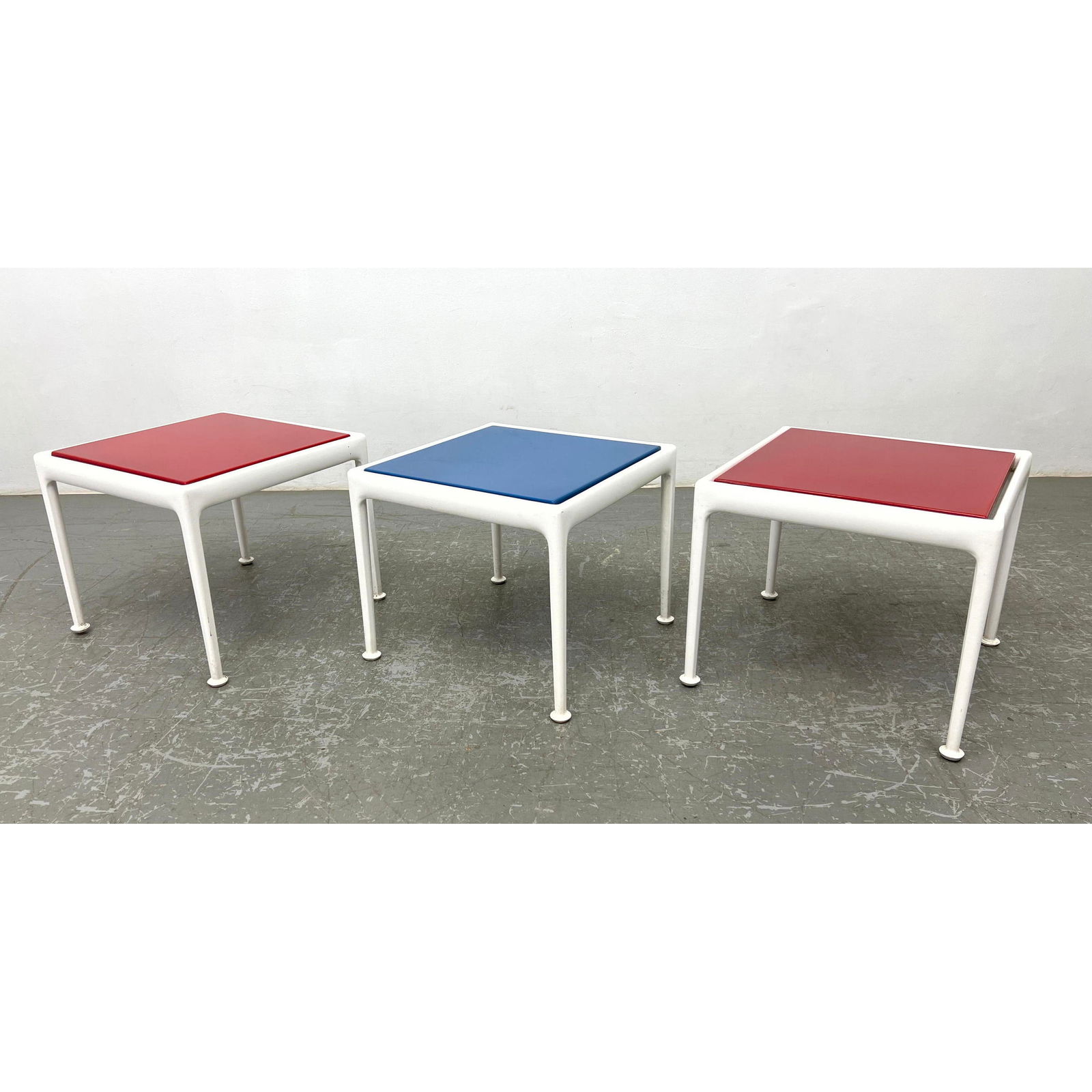 Set 3 RICHARD SCHULTZ Outdoor End Tables. Red and Blue Enamel Tops in white metal frames. Garden. Pa (1 of 11)