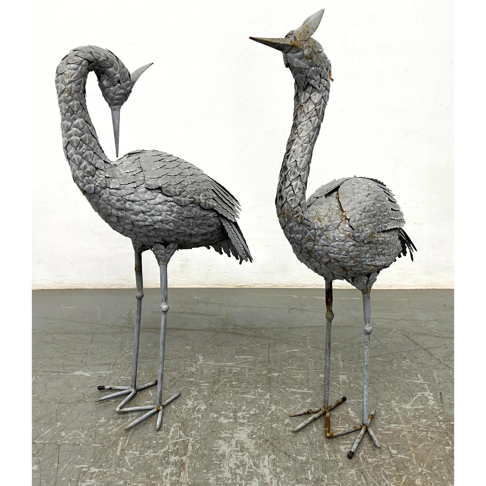 Pair Vintage 32" Pressed Tin Herons Preening and Gazing Sculptural Outdoor figures. (1 of 8)