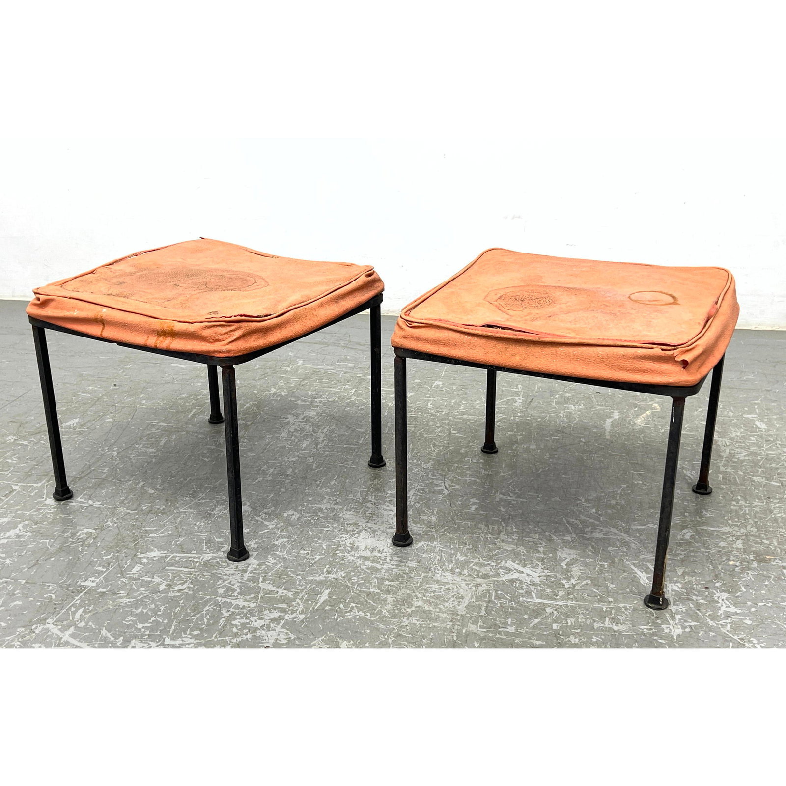 Pair Salterini wrought iron stools. Unsigned. Cushions need replacing. (1 of 12)