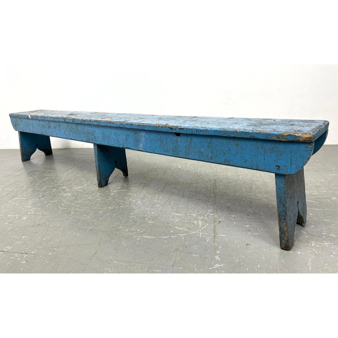 Painted Blue Long Primitive Wood Bench. Country Bench with Apron skirt and 3 wood legs with onion do (1 of 9)