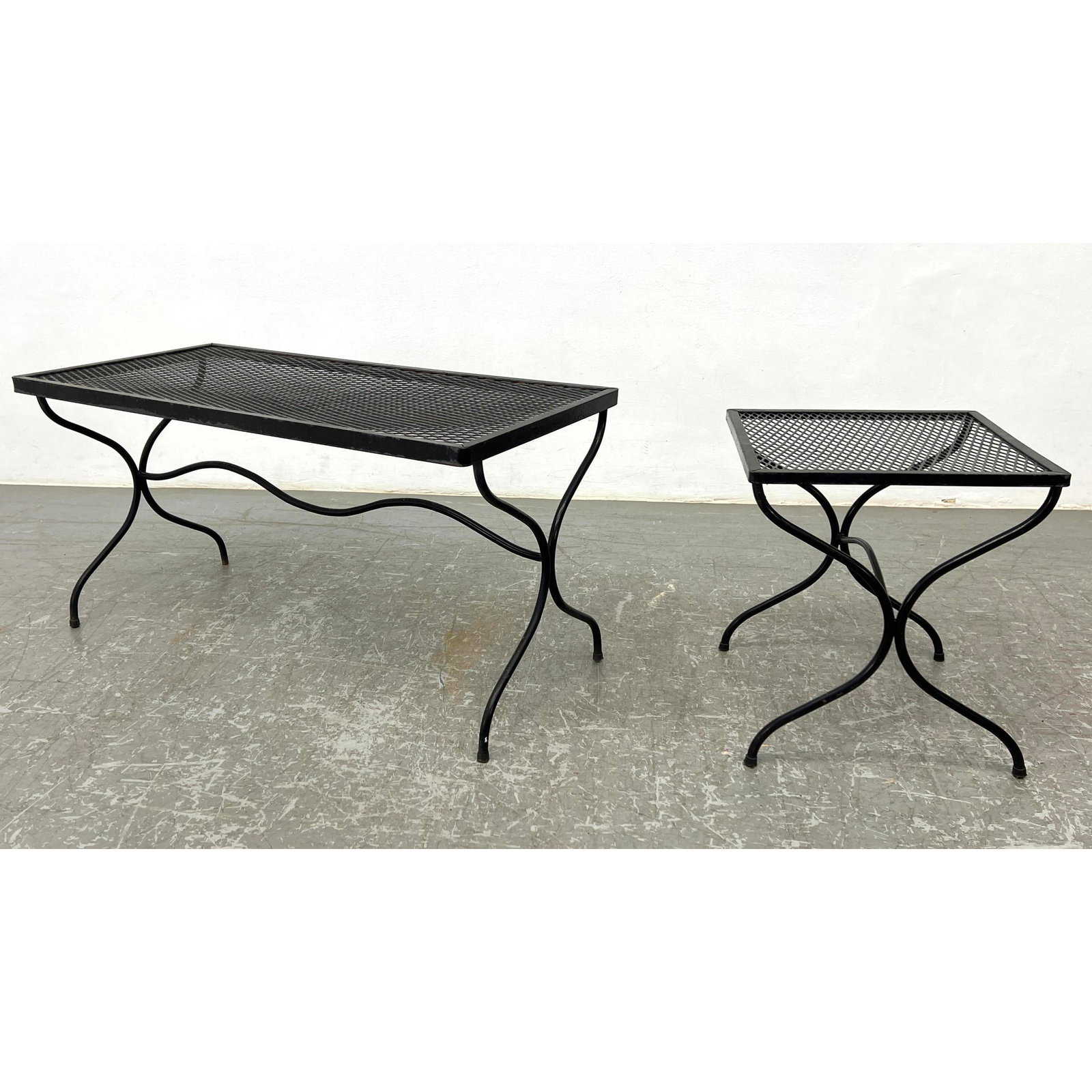 2pc Diamond Mesh Metal Top Outdoor Garden Tables. Black finish.: 2pc Diamond Mesh Metal Top Outdoor Garden Tables. Black finish. Dimensions: Height: 18 inches, Width: 35 inches, Depth: 16.5 inches. - Seat Height: 18 inches --- - - We offer curbside delivery to NYC,