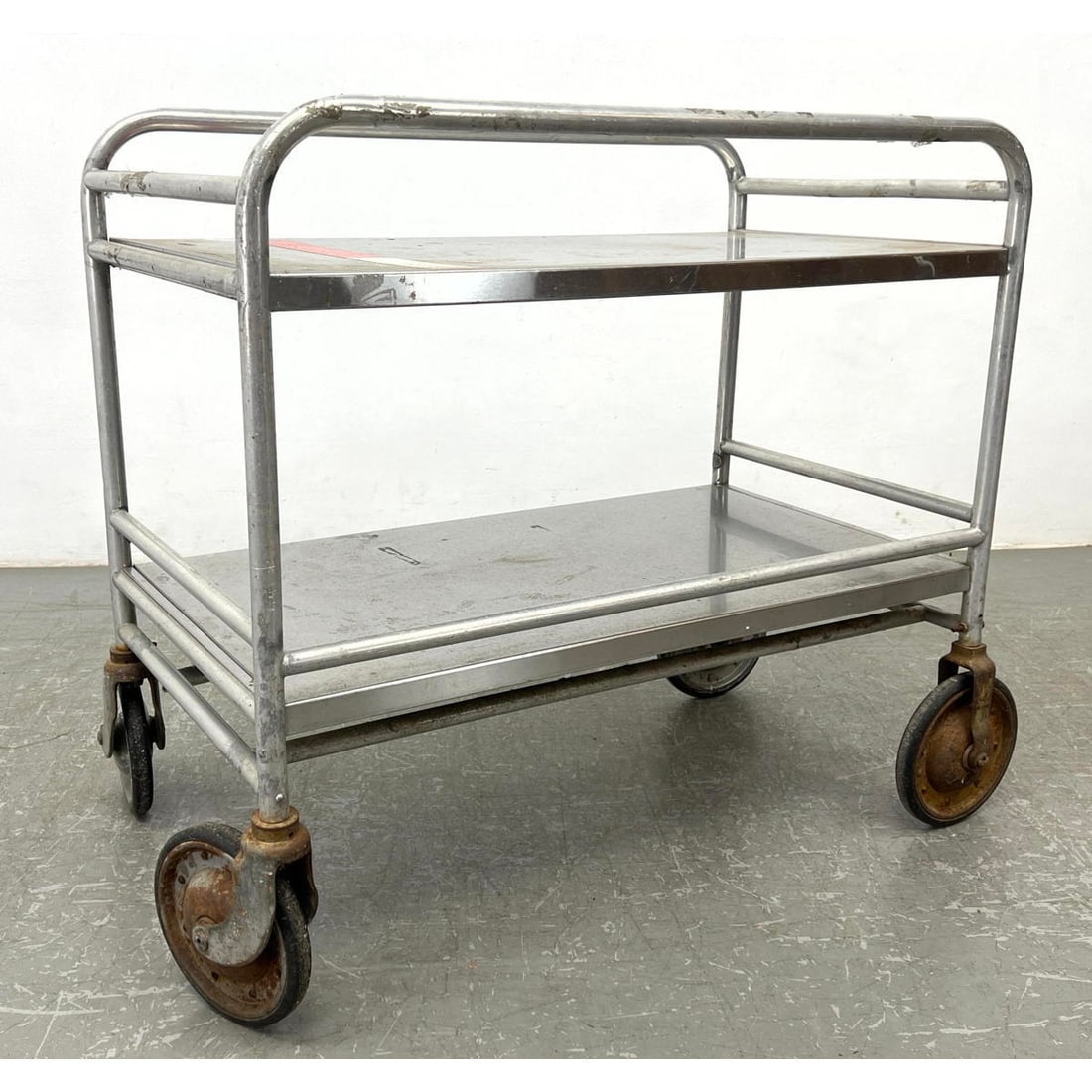 Industrial Metal Rolling Serving Cart. Large Wheels. Two levels with rails on three sides. (1 of 11)