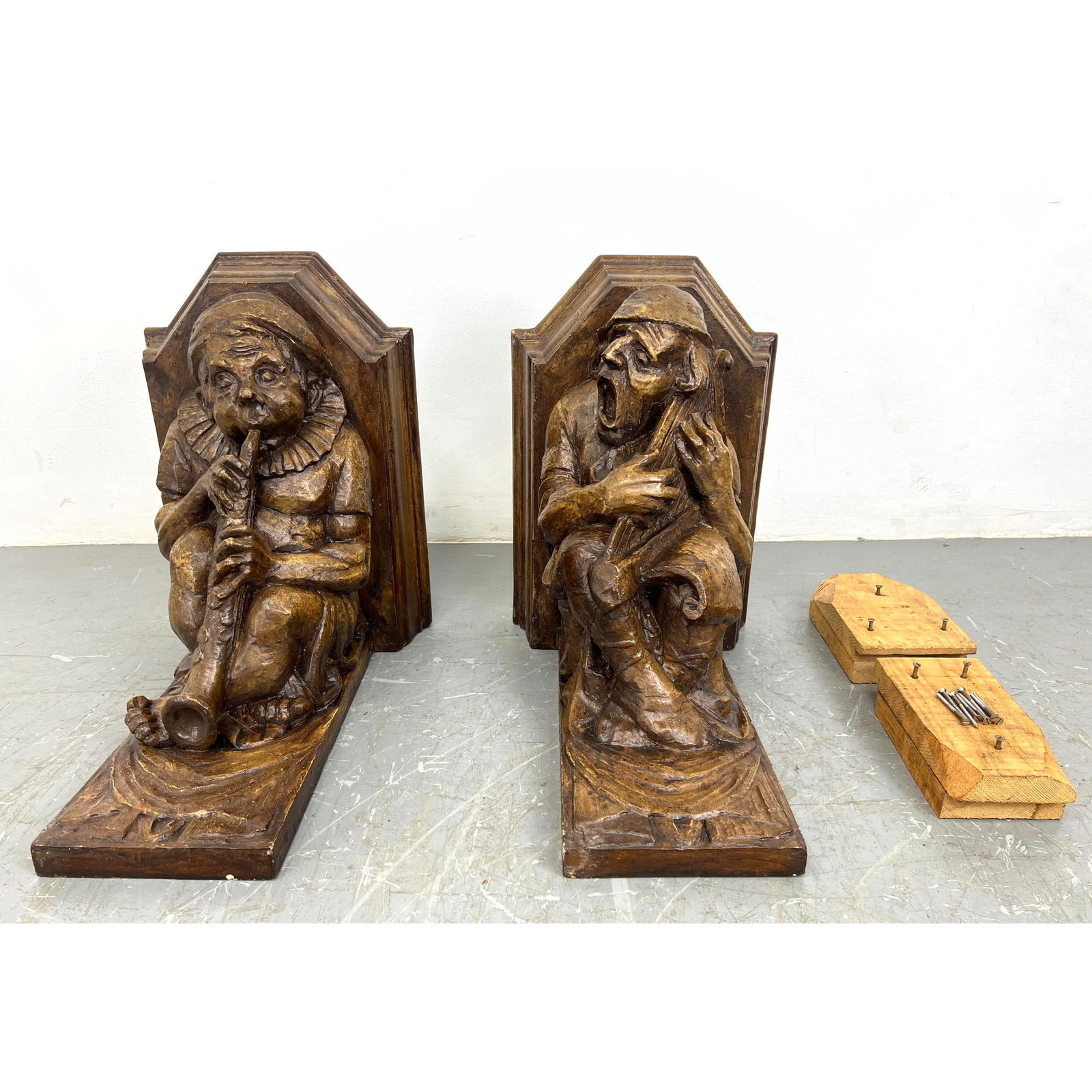 Pair of German wall shelf Brackets. Painted plaster. Whimsical musician theme as out of 'Lord of the (1 of 14)