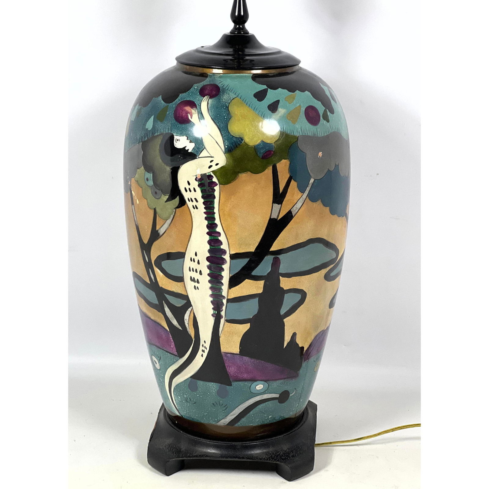 Modernist Large Terracotta Glazed Hand Painted Lamp. Figural image of snake woman in exotic lush lan (1 of 9)