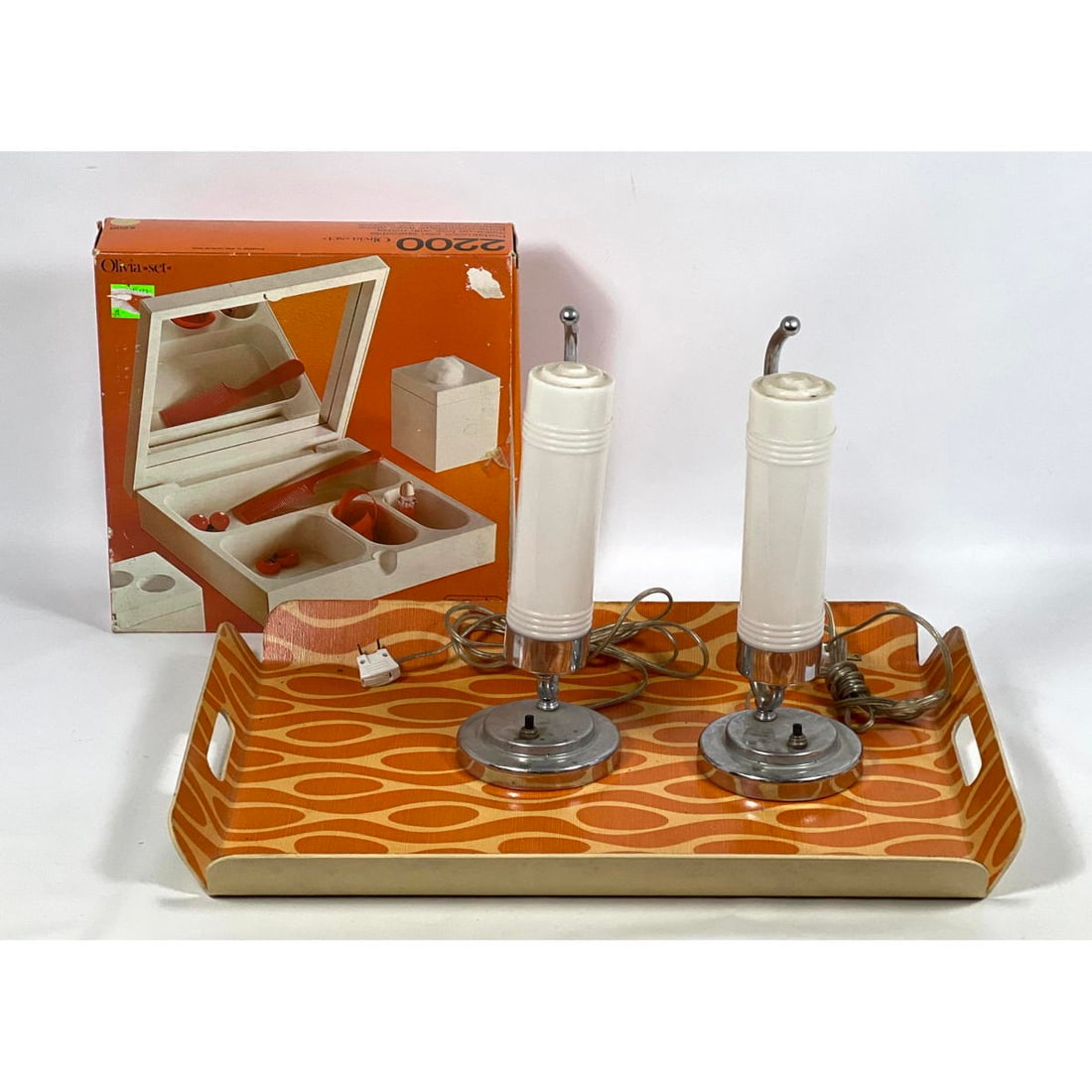 Mid Century Modern Lot.  Art deco chrome and glass lamps, colorful tray, Dresser box. (1 of 20)