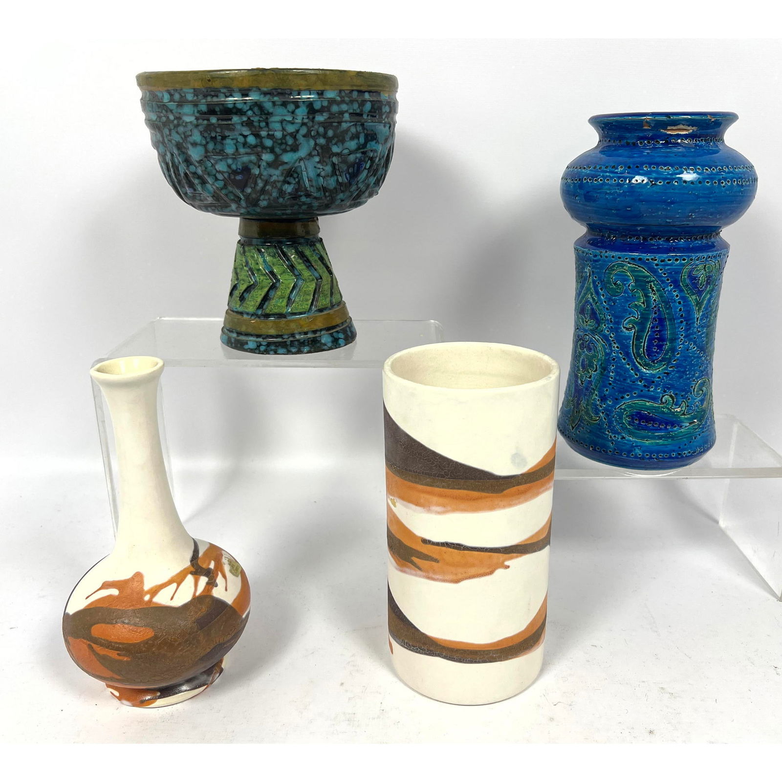 4pc Mid Century Pottery Vases Compote. 1) Bitossi style Italian Blue Glazed Vase. Two HAEGER USA Vas (1 of 16)