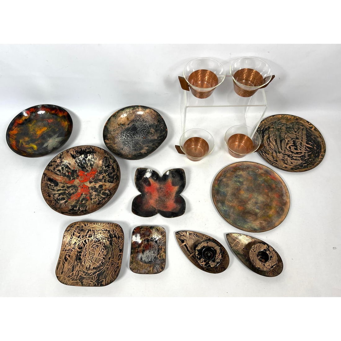 Collection Mid Century Copper and Enamel Items. Set 4 Copper Cup Holders with Wood Handles. Enamel d (1 of 11)