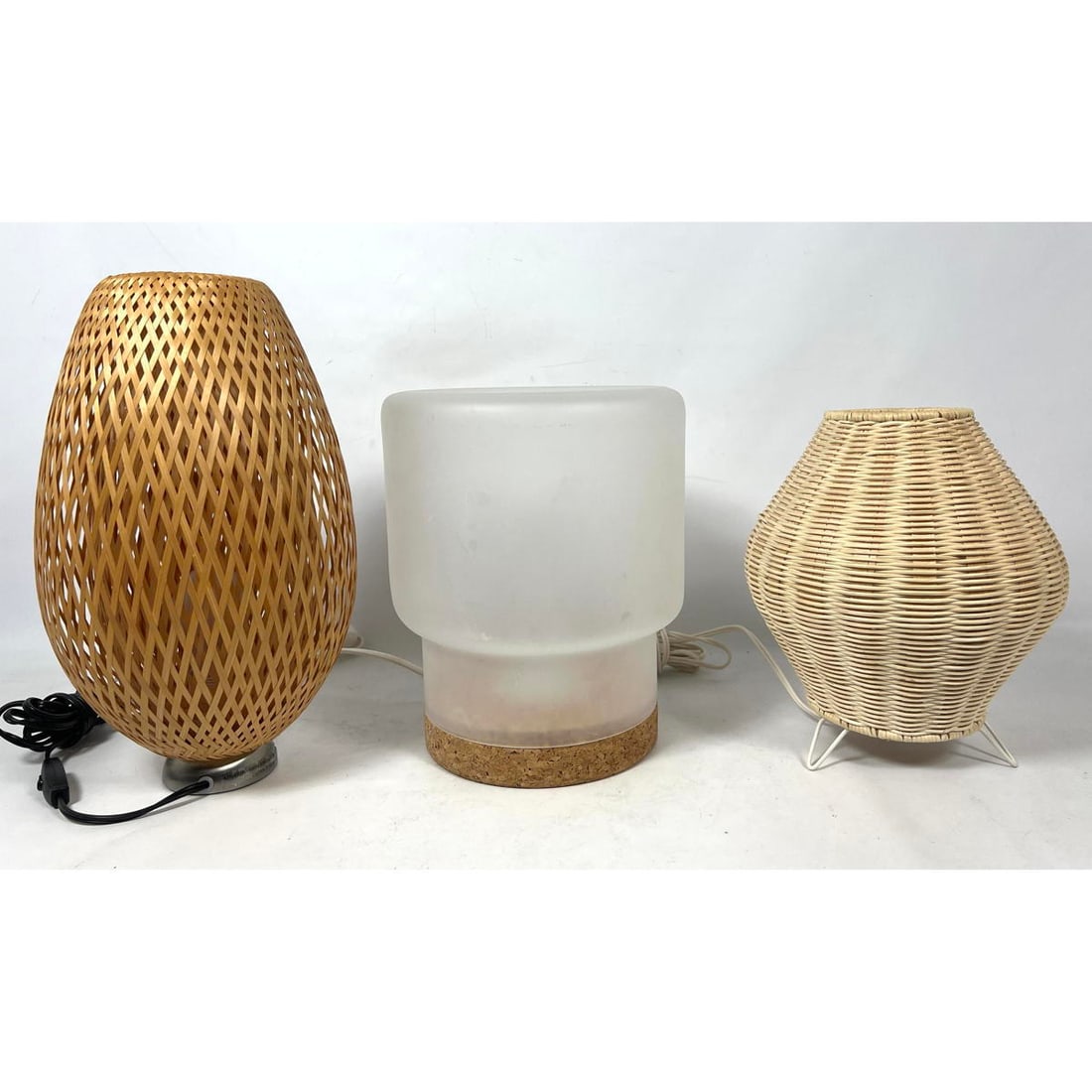 3pc Vintage Ikea Modernist Lamps. Spun fiberglass, Frosted glass with cork, Wicker.: 3pc Vintage Ikea Modernist Lamps. Spun fiberglass, Frosted glass with cork, Wicker. Dimensions: Height: 16 inches, Width: 9 inches, Depth: 9 inches. --- US Packing and Shipping charge: In house shippi