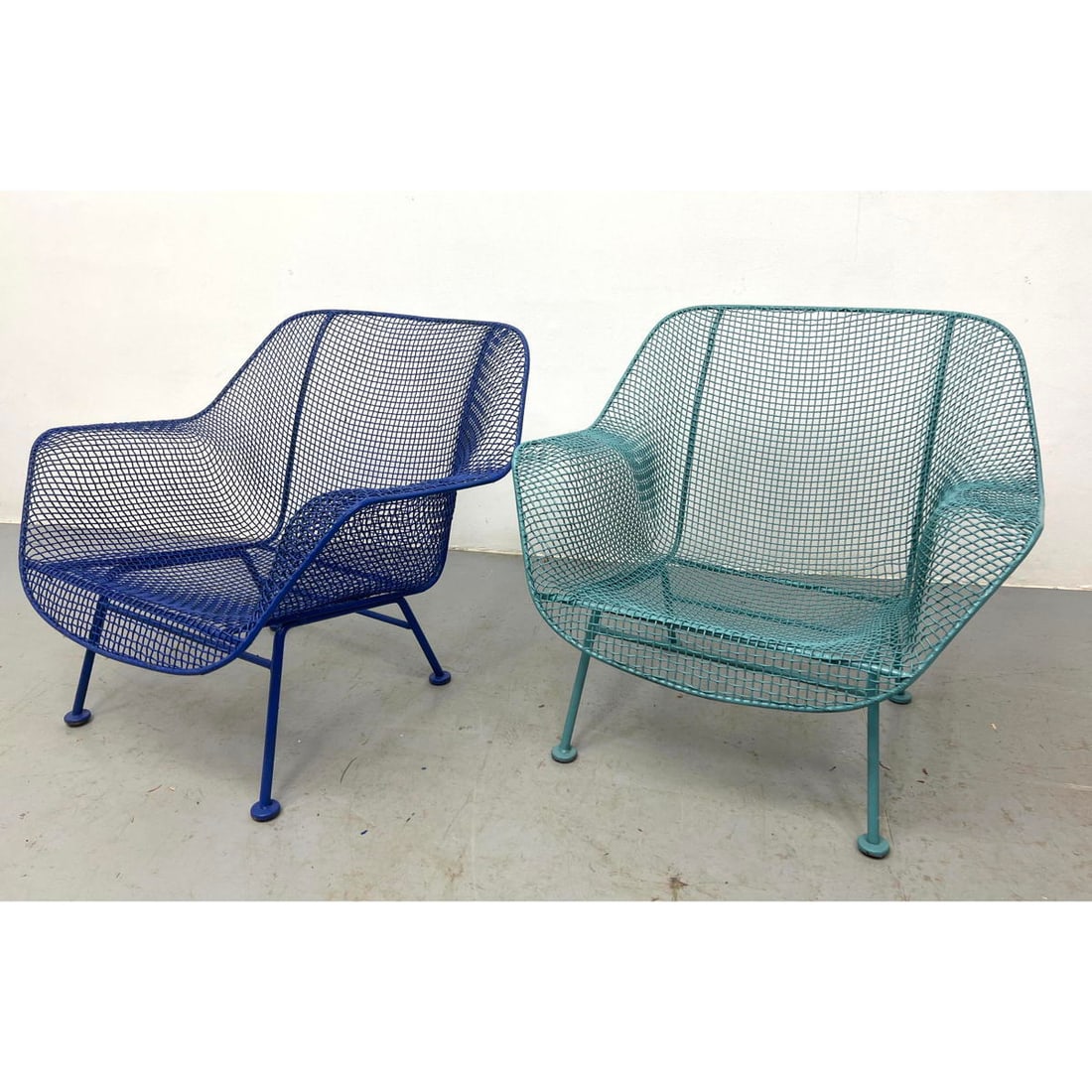 Pair Russell Woodard Wide Lounge Chairs. Each painted a different color. Patio. Outdoor. Garden. (1 of 6)