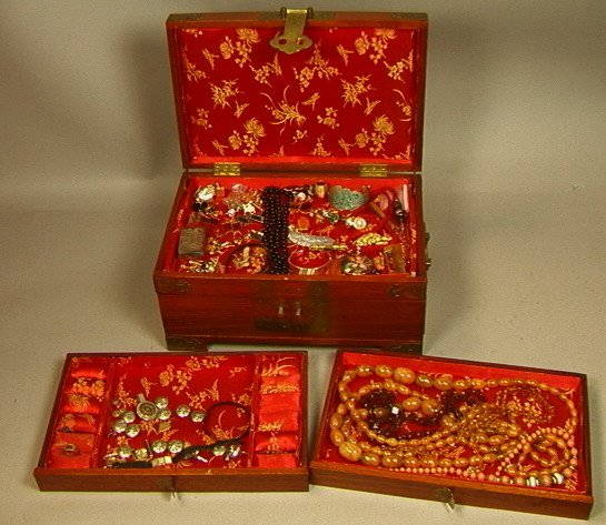 Large Mixed Jewelry Lot Including Asian Jewelry B: Large Mixed Jewelry Lot Including Asian Jewelry Box. Cufflinks, Bracelets, Beaded Necklaces, Etc.-- Dimensions: --- US Shipping charge: $28