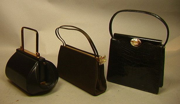 Lot 3 Designer Handbags: JUDITH LEIBER, LUCILLE d: Lot 3 Designer Handbags: JUDITH LEIBER, LUCILLE de PARIS. 1) LUCILLE de PARIS Vintage Black Leather Faux Crocodile Purse. Black Enamel on White Metal Clasp with Inlaid Mother of Pearl Medallion. Signe