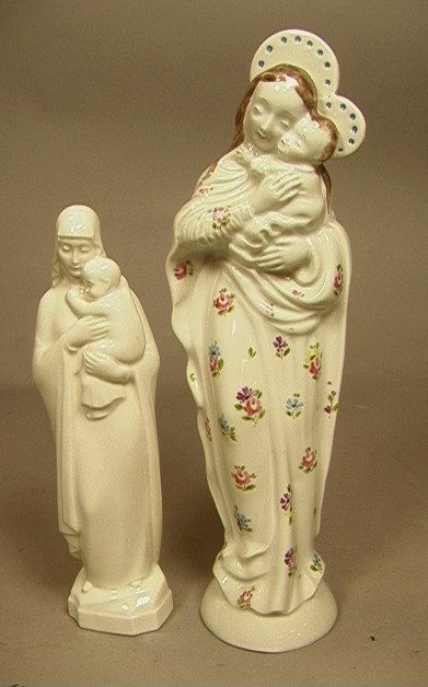 2 Signed Porcelain Madonna Child Figures. 1) Sign: 2 Signed Porcelain Madonna Child Figures. 1) Signed TECO Figure with hand painted floral design. 2) ROYAL COPENHAGEN Denmark All white Mother & Child. Largest is 11.75" Tall.-- Dimensions: --- US Ship