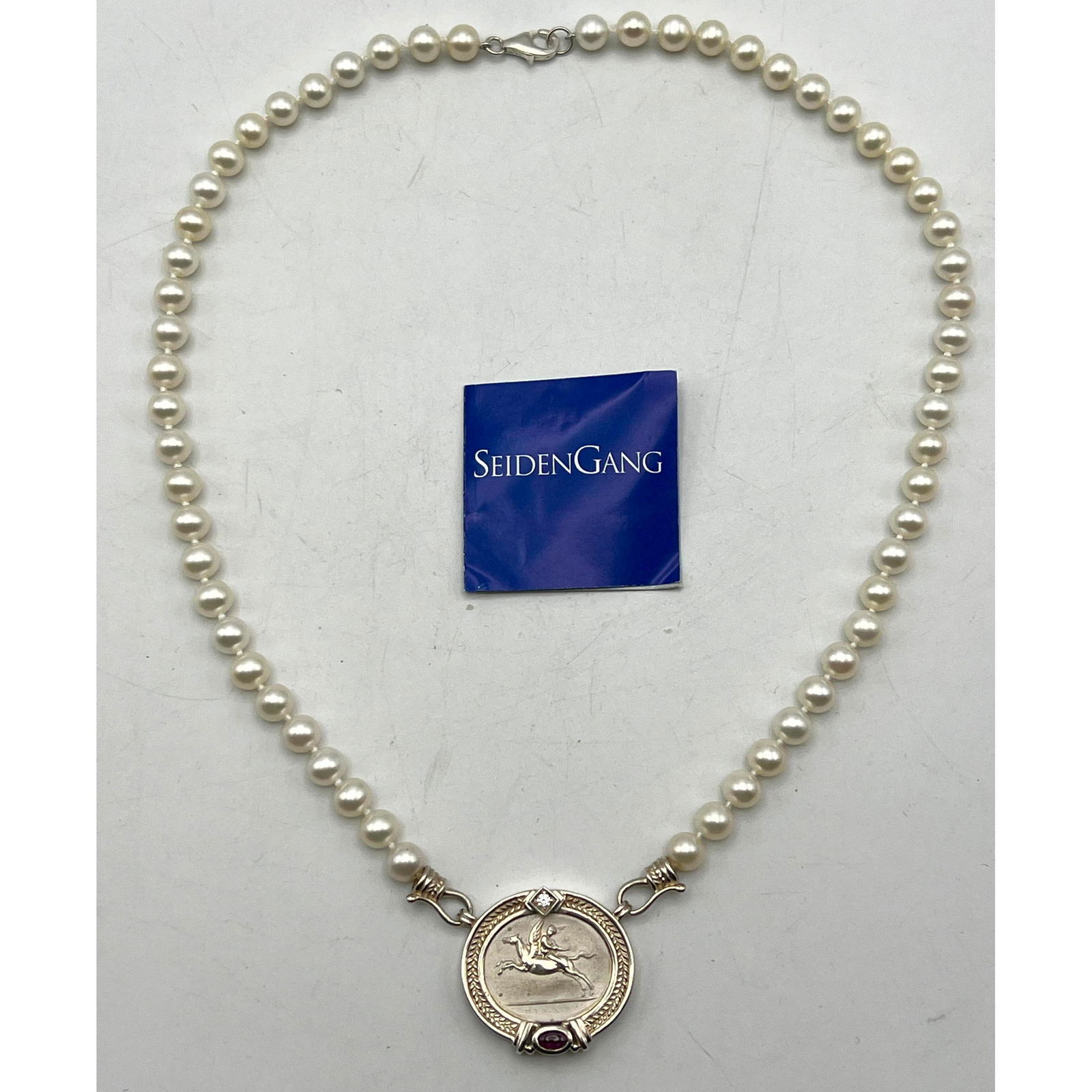 SEIDENGANG Sterling Pendant Pearl Necklace. Hand Knotted Pearl Necklace. Sterling Silver Oval Pegasu (1 of 9)