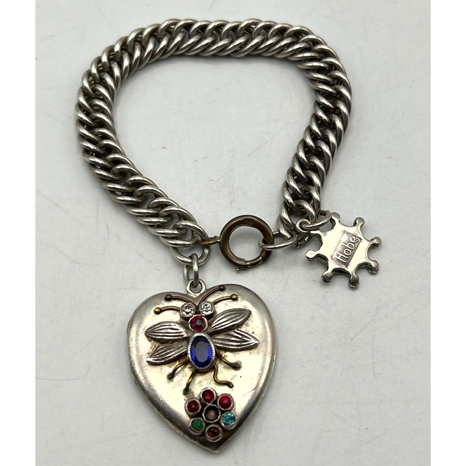 Sterling Silver Antique Locket. Jeweled Bug. Sterling Heart Locket with Colored Crystal Accents; Mar (1 of 7)
