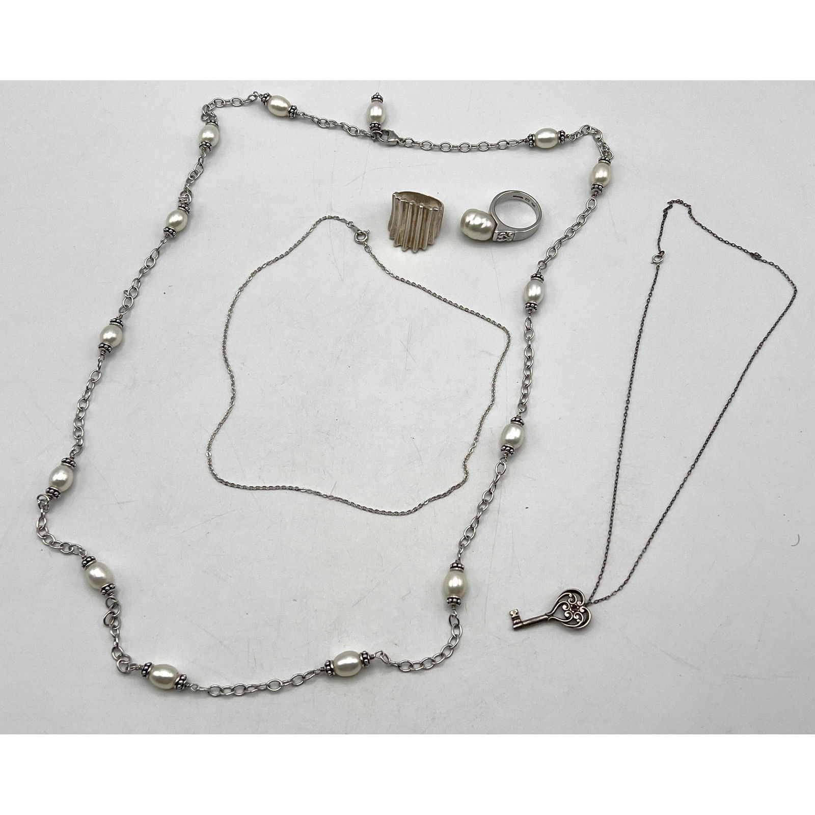 4pc Sterling Silver Lot. Sterling Chain Link Necklace with large freshwater pearl stations. FRANKLIN (1 of 15)