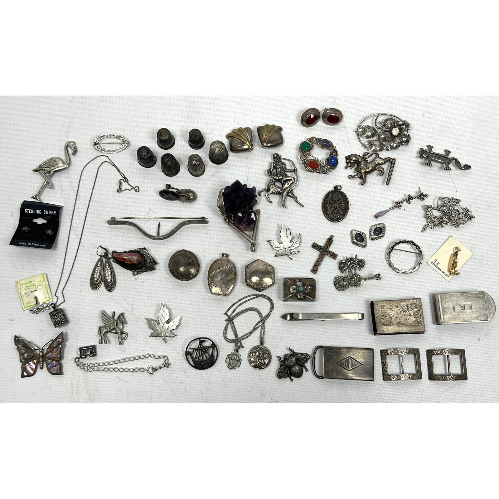 Large Collection Mostly Sterling Silver Jewelry, Thimbles. Some Silver. Lot includes Figural Pins, S (1 of 14)