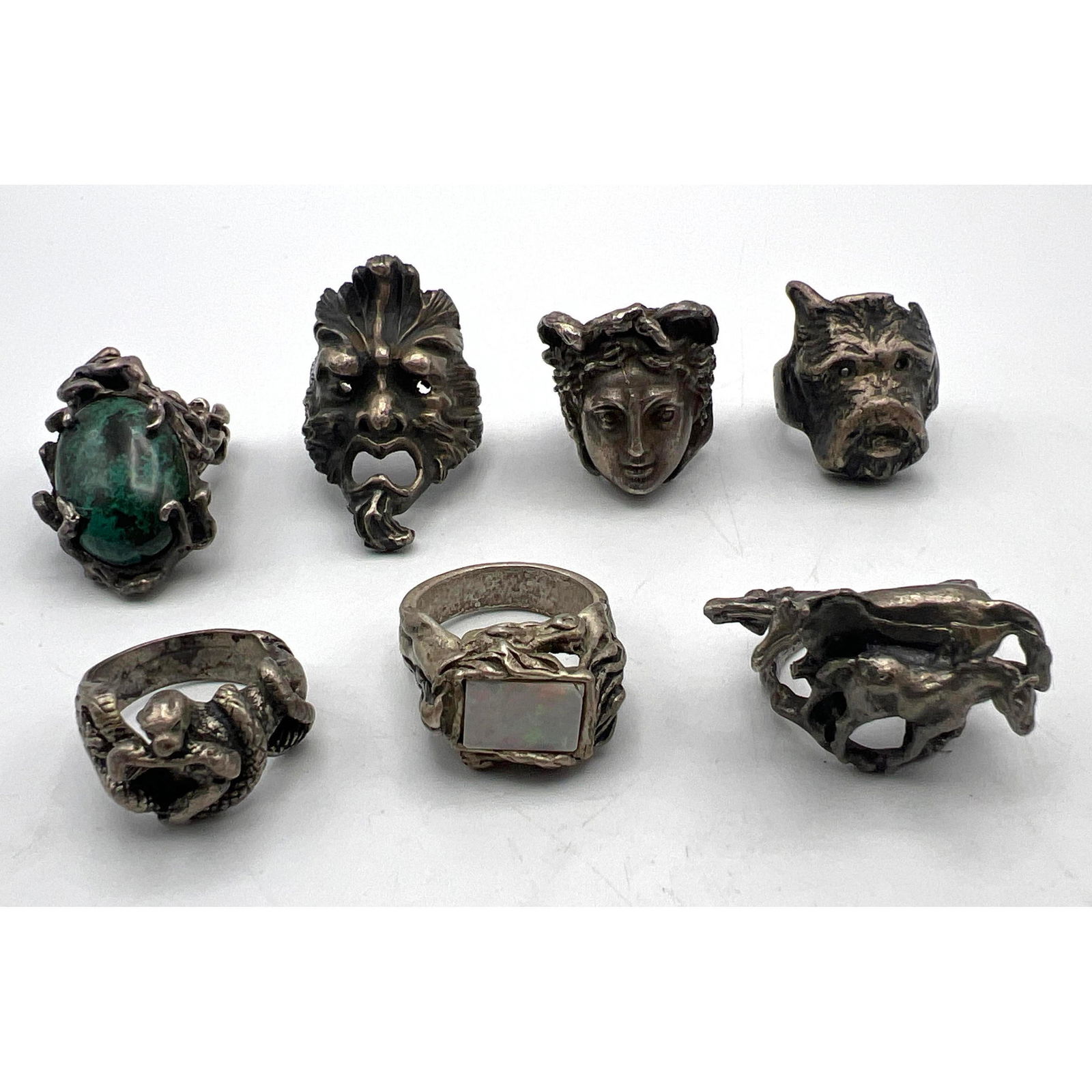 7 Silver and Sterling Figural Mens Rings. Large Statement Rings. Horses. Mongoose and Snake. Gargoyl (1 of 17)