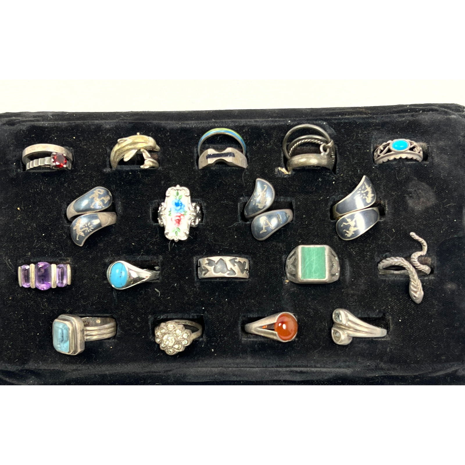 Collection 20 Silver and Sterling Rings. Many with stones. Three Siam Niello Crossover Rings. Variou (1 of 5)