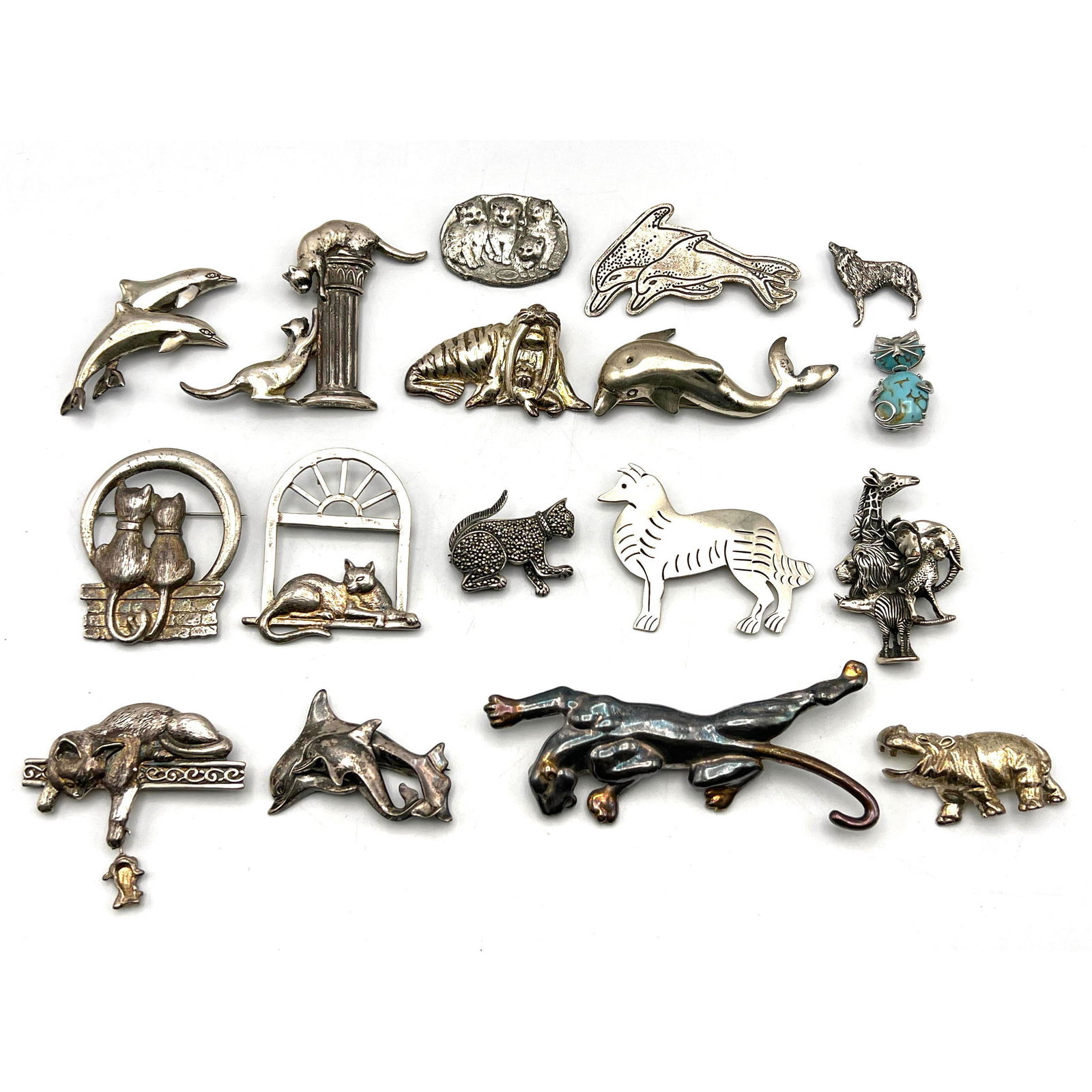 17pc Sterling Silver Animal Pins. All Vintage. Walrus, Jaguar. Hippo, Dolphins and Lots of CATS. Plu (1 of 15)