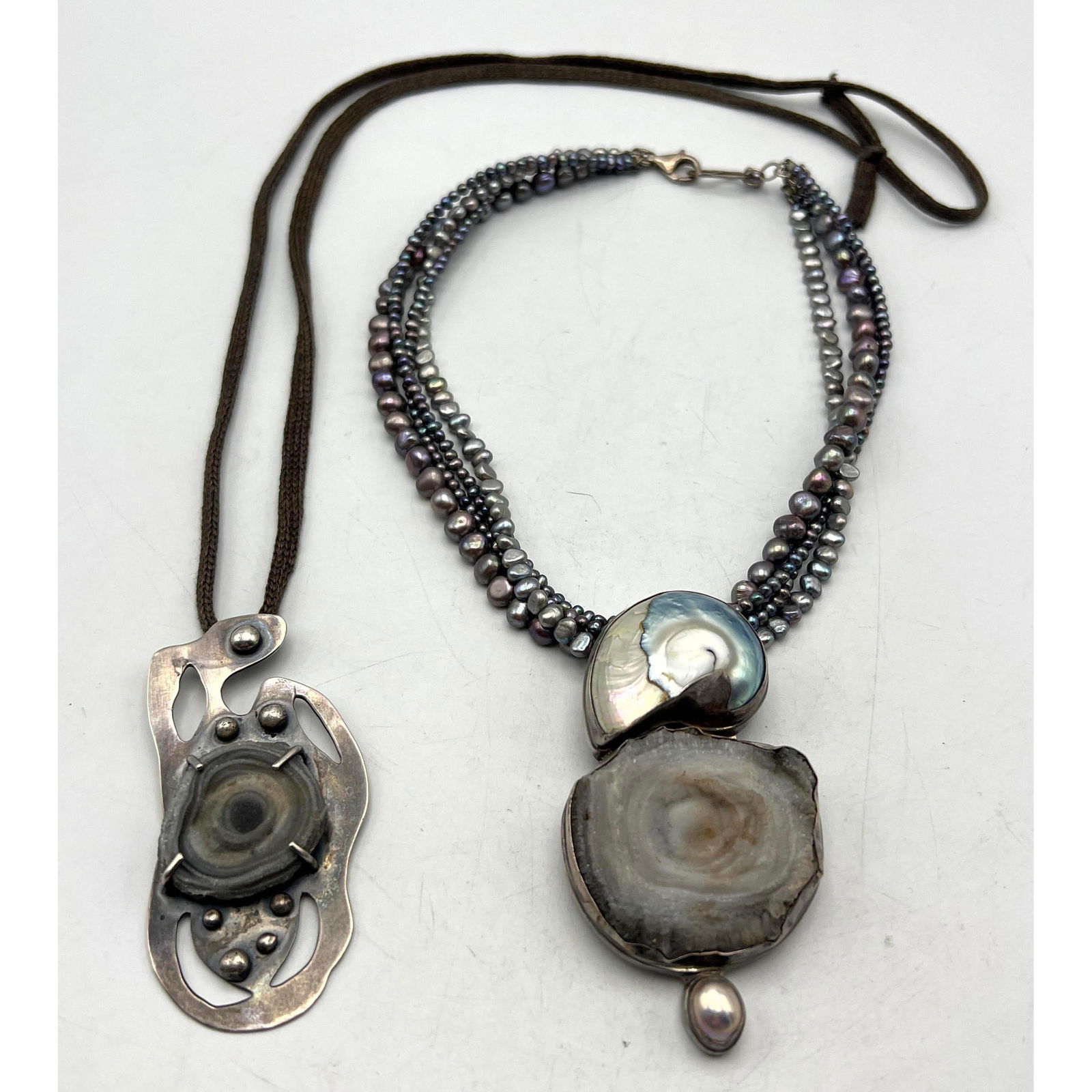 2pc American Craft Sterling Silver Druzy Pendant Necklaces. Signed KH Large Pendant with Large Druzy (1 of 13)