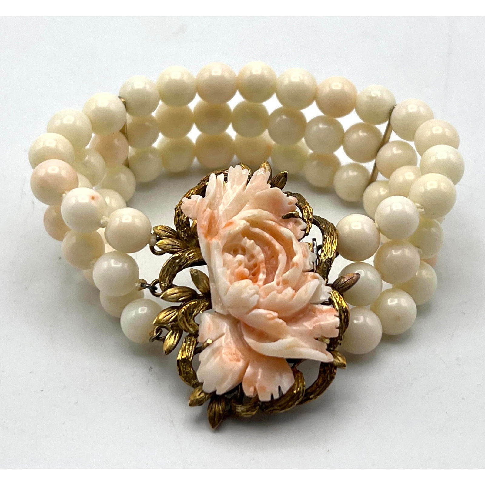 Carved Coral Three Strand Bracelet. Floral Carved Coral in Heavy Sculptural 14K Gold Setting. . Thre (1 of 8)