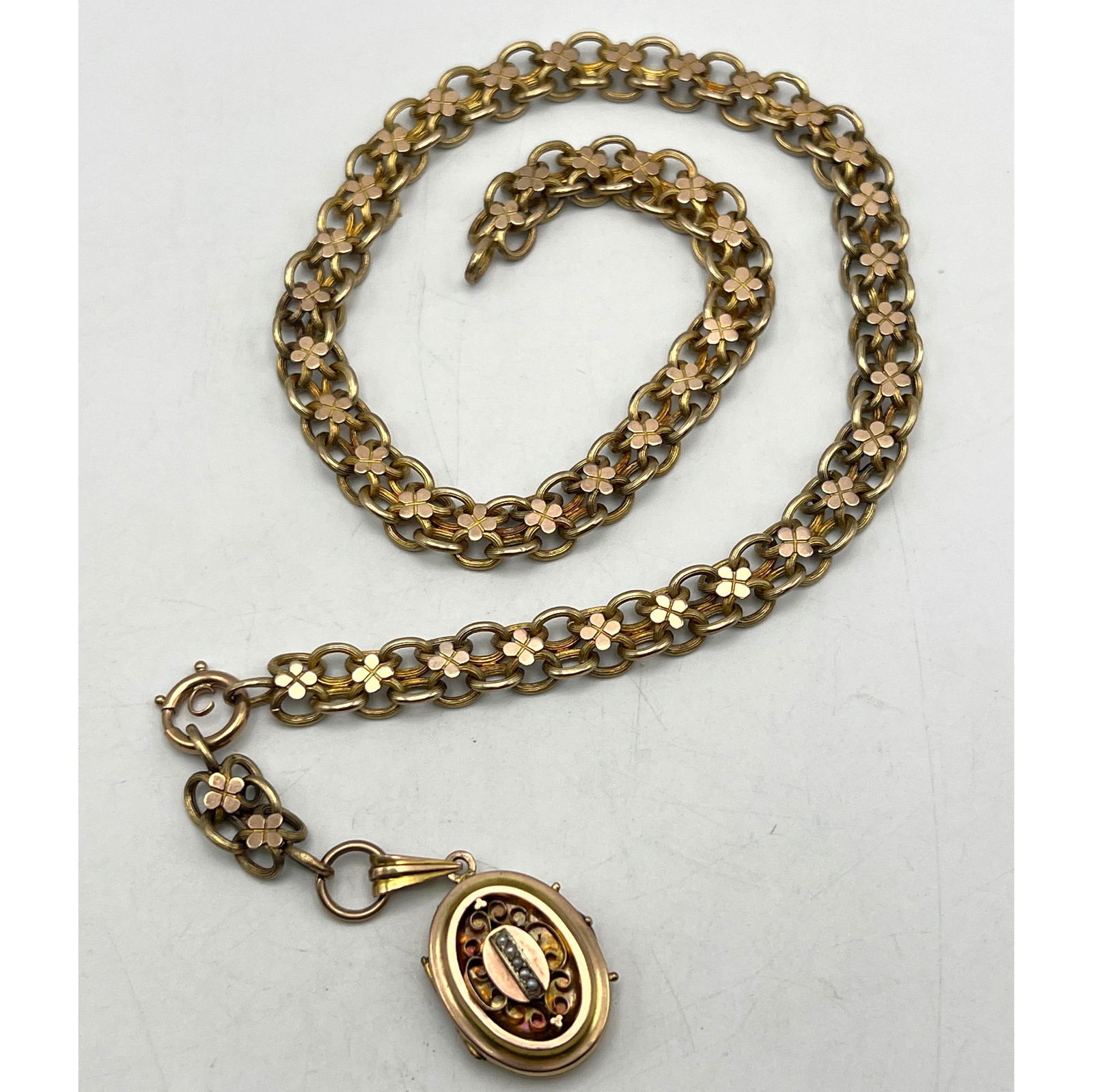 14K Antique Fancy Watch Fob with Locket. Multi ring link with floral accents. Locket (including bale (1 of 10)