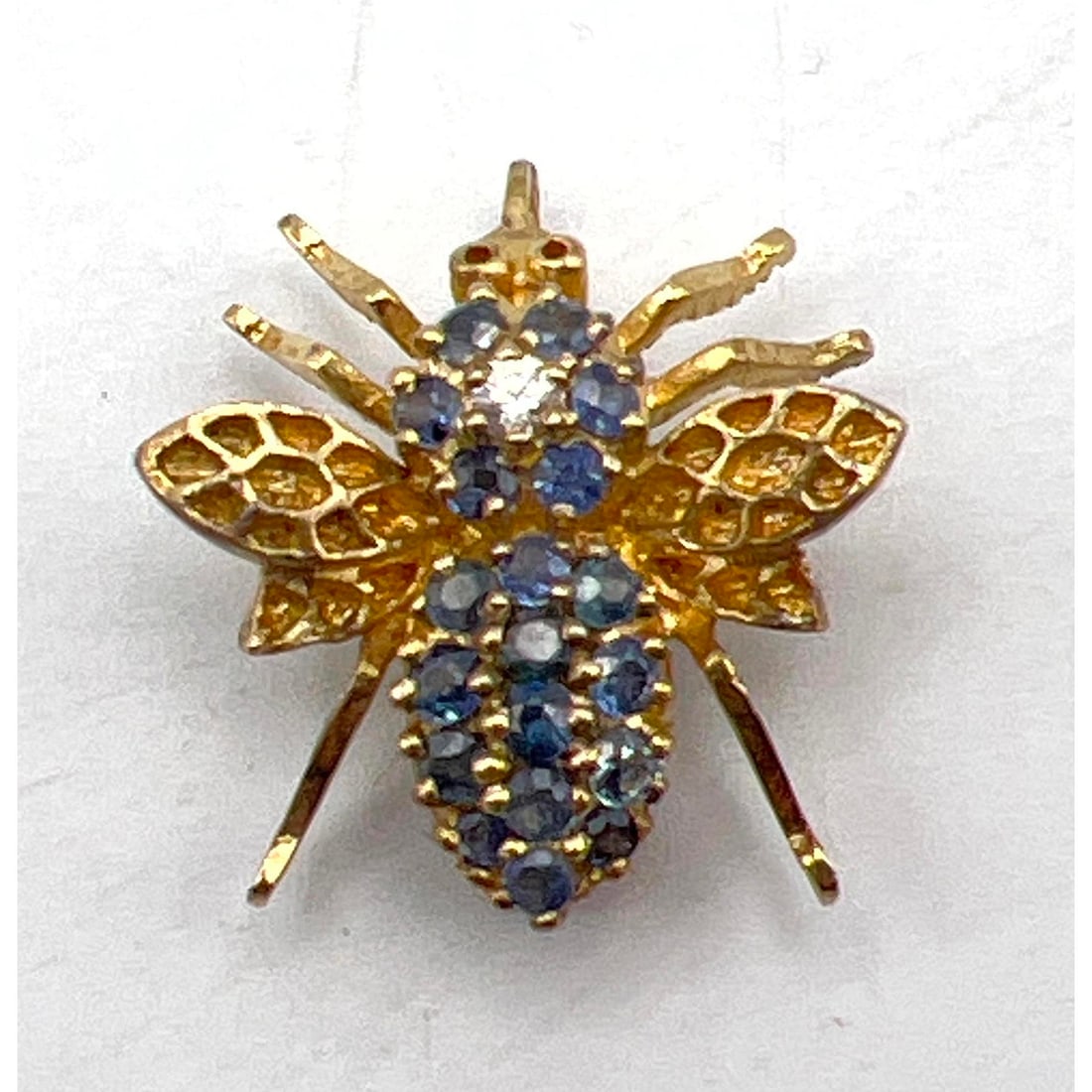 14K Gold Bumble Bee Pin Brooch. Pave Sapphire Body; small diamond to head. Marked 585. (1 of 7)