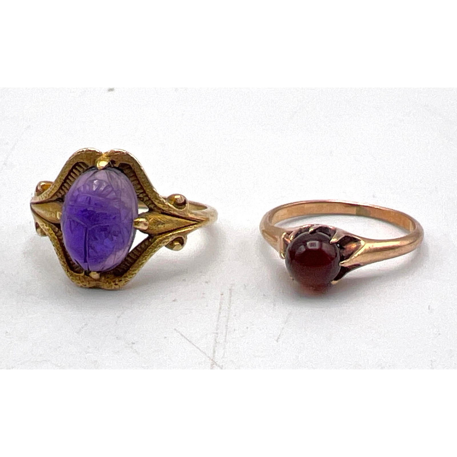 2pc Vintage Tests Gold Rings. One has Carved Amethyst Scarab. Tests gold. Unmarked. (1 of 10)
