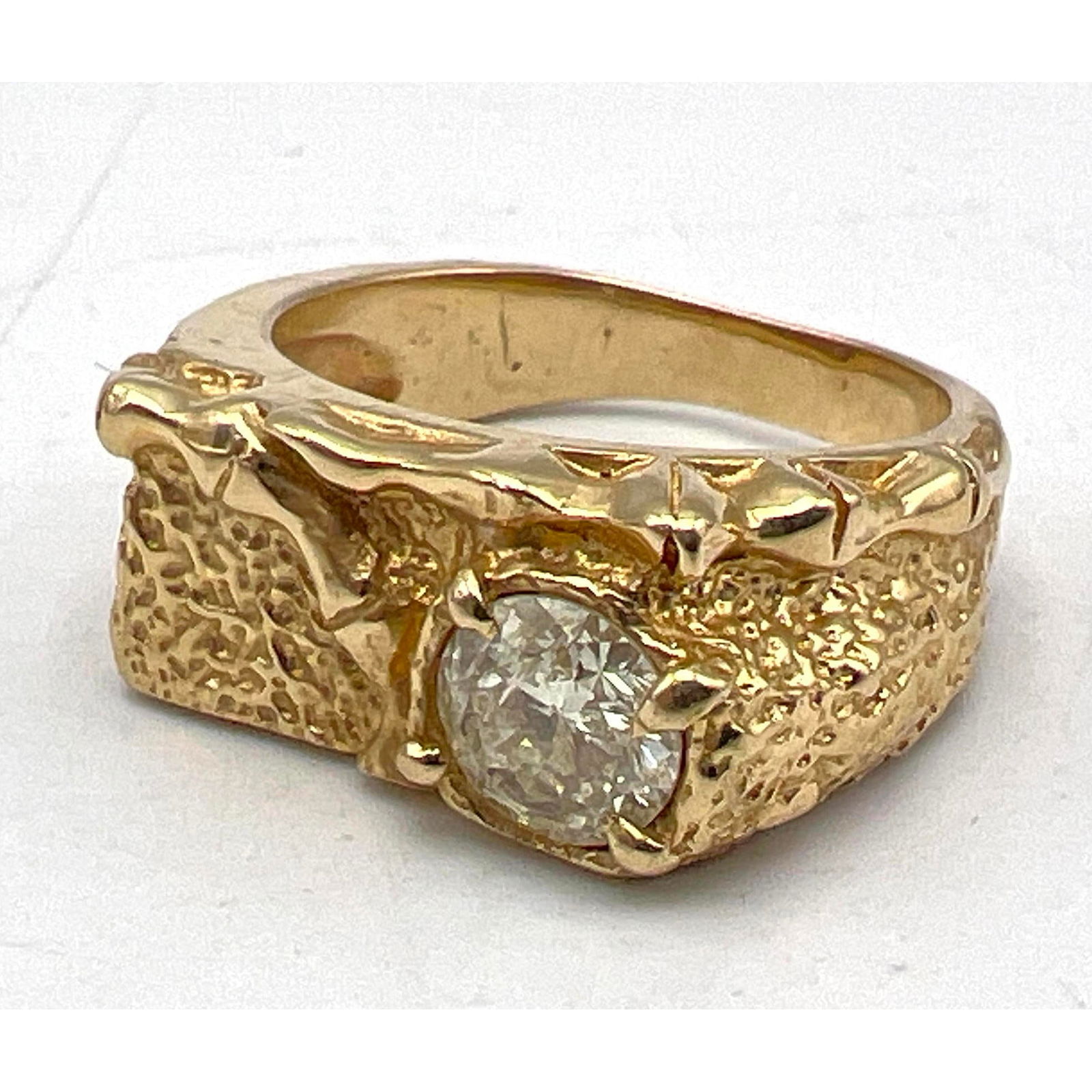 14K Gold Diamond Ring. Approximately 0.9 Carat Diamond in Heavy Sculptural YG Setting with Bamboo De (1 of 7)
